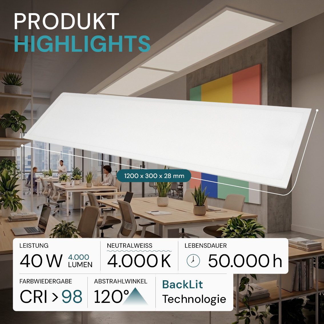 LUXULA LED Rasterleuchte 5er-Pack LED BackLit Panel, 120x30 cm, CRI98, 40W, 4000lm, 4000K