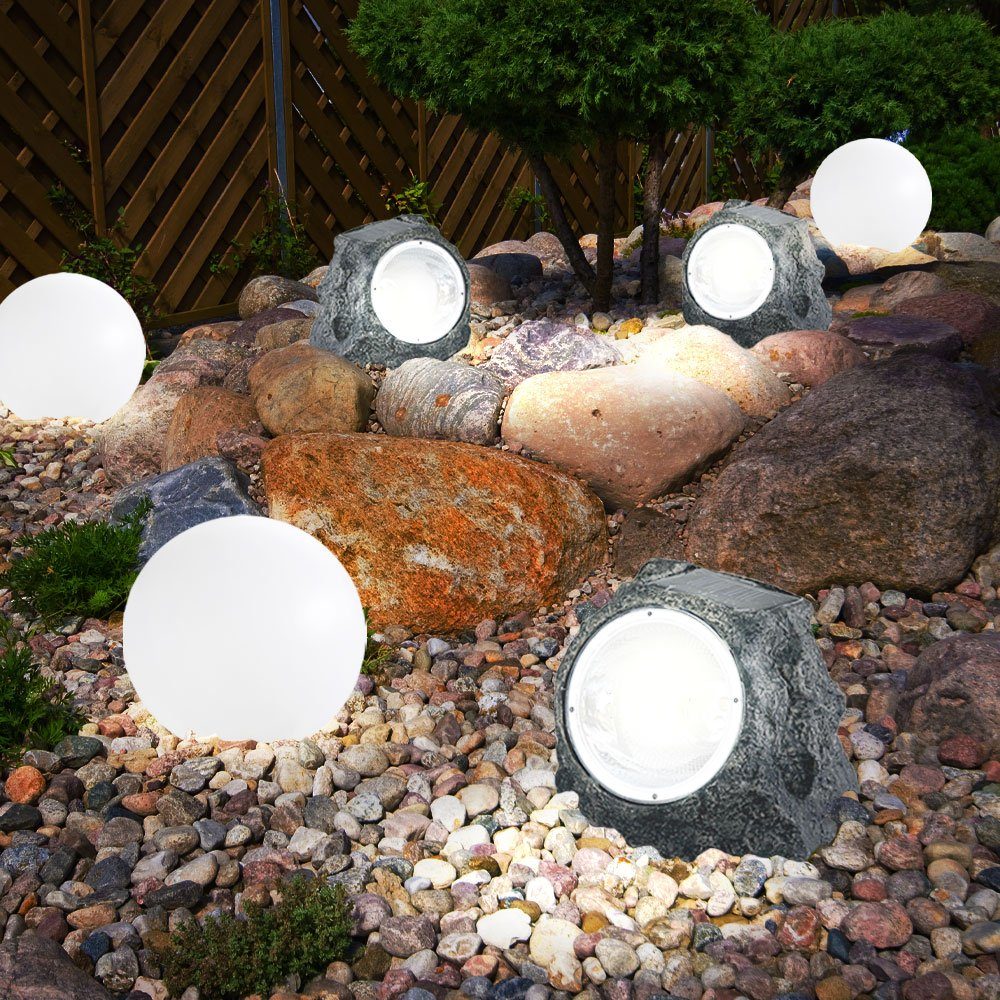 Globo LED Solarleuchte, LED-Leuchtmittel fest verbaut, Warmweiß, 5er Set LED Solar Garten Selbstaufladend Aussenleuchte Kugel Stein | Solarleuchten
