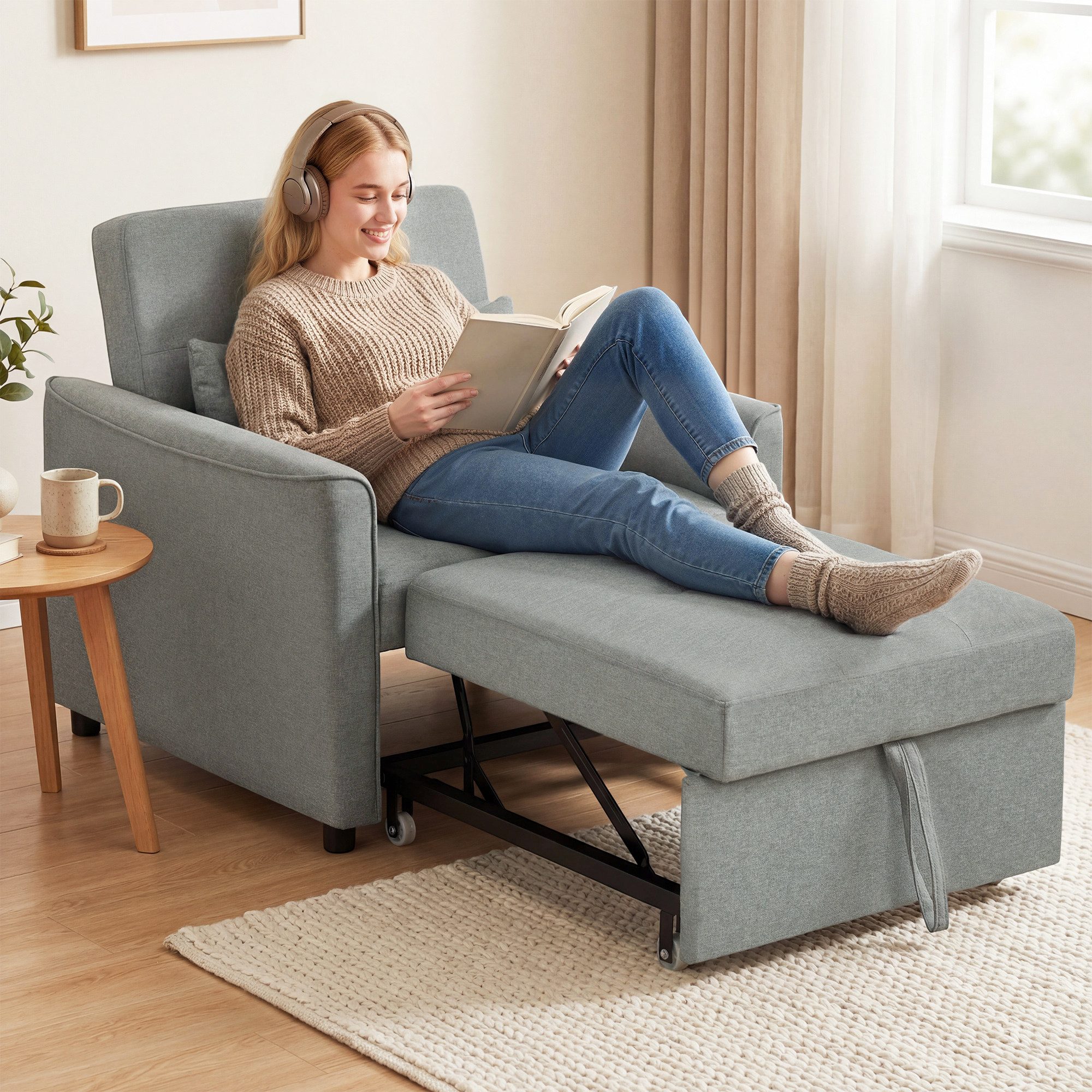 HOMCOM Schlafsofa 3-in-1 Schlafsessel mit Leinenoptik, verstellbarer Rückenlehne, Umwandelbarer Sessel mit Bettfunktion 1 Teile, für Wohnzimmer, Wohnung, Grau