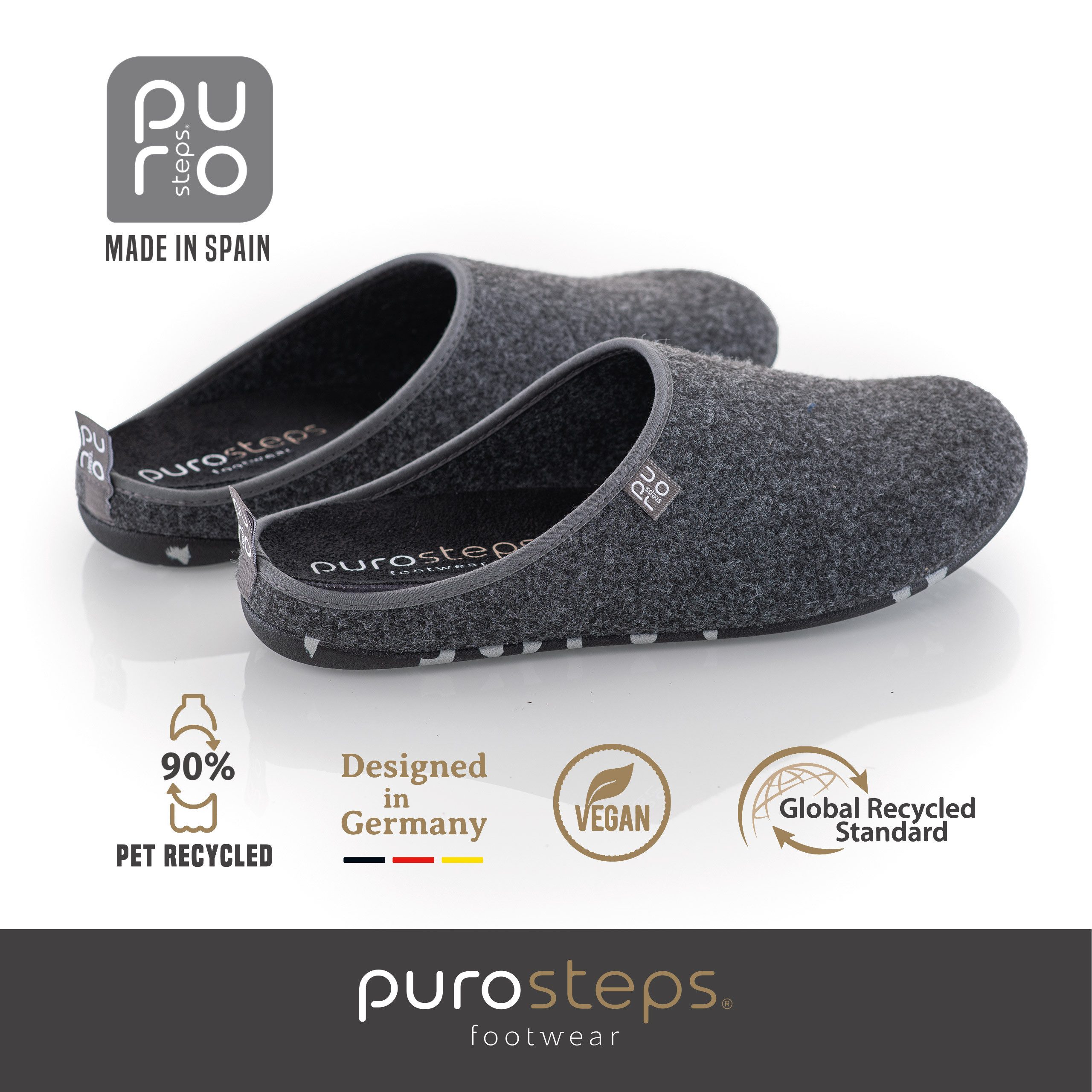 purosteps Fieltro-Eco Hausschuh Hergestellt aus recycelten PET Flaschen, Handgefertigt, Naturkautschuk