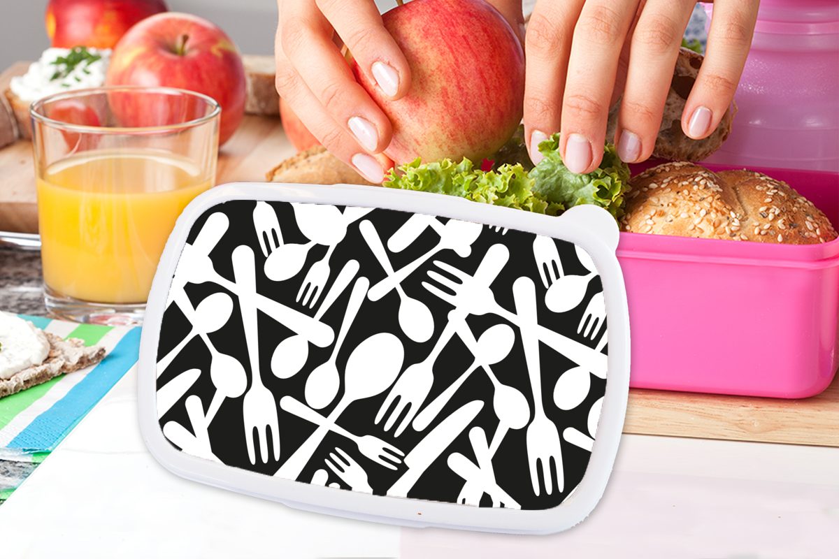 MuchoWow Lunchbox Besteck - - Brotdose (2-tlg), Mädchen, für Erwachsene, Snackbox, Muster Schwarz und Kinder, Brotbox rosa Weiß, Kunststoff, Kunststoff