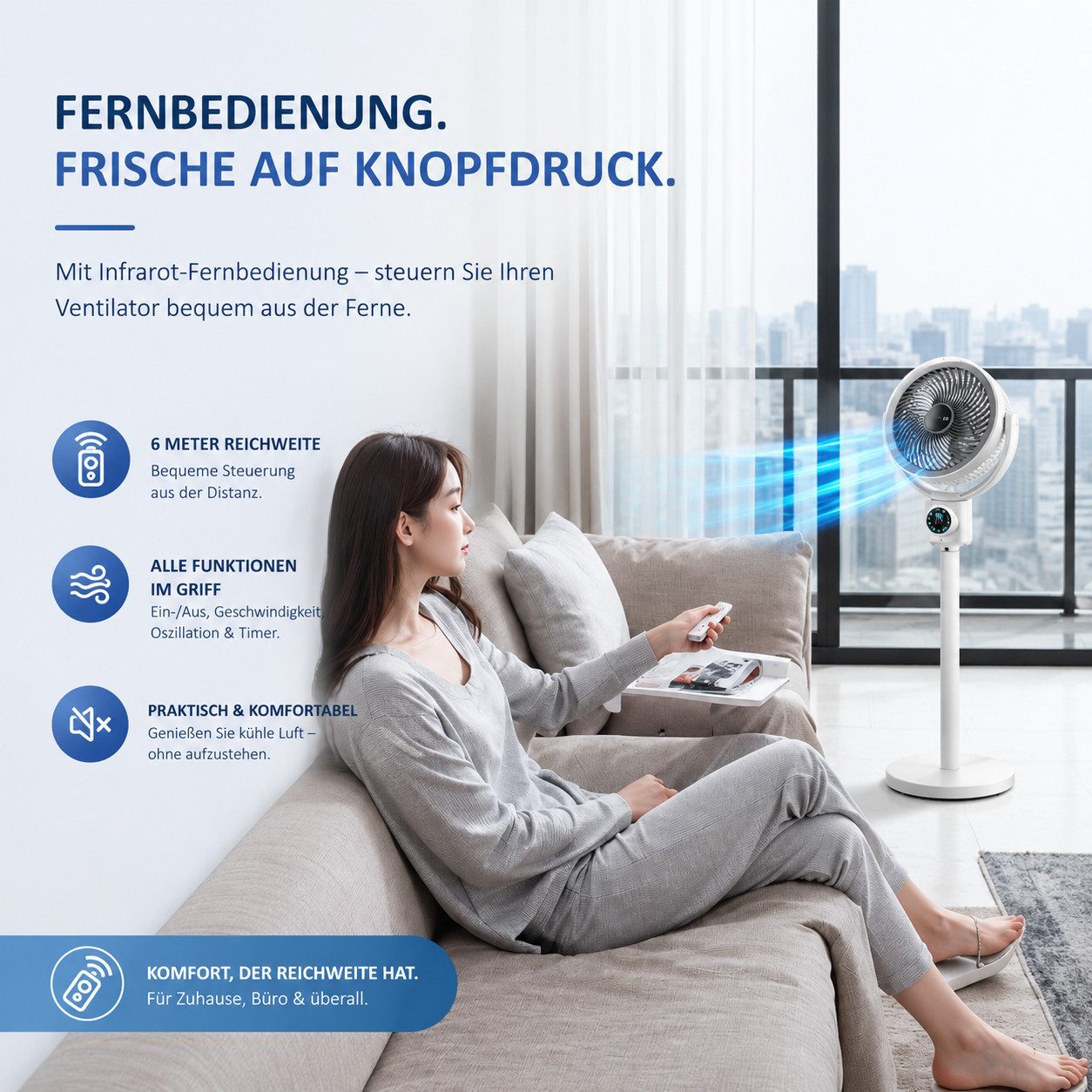 MOPUEA Standventilator 3 in1 Tischventilator Standventilator, flexibel höhenverstellbar, 12h Timer & 7 Stufen, mit Fernbedienung, mit Aromabox, mit LED-Display