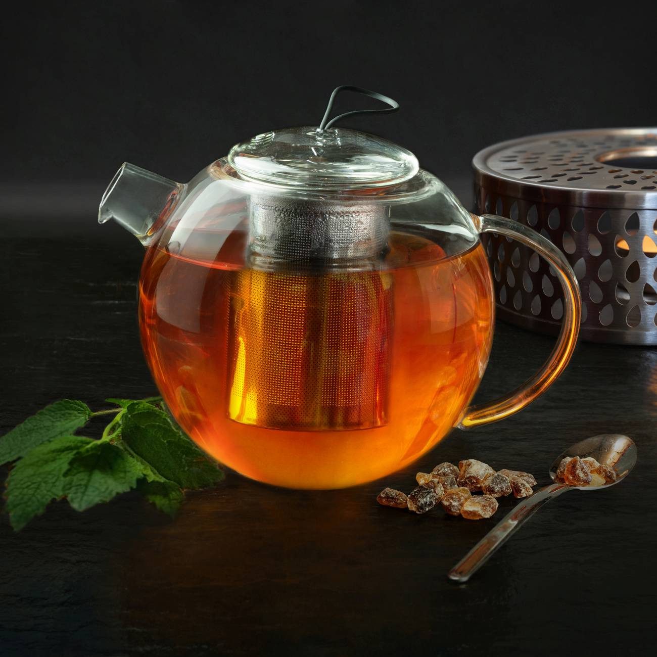Creano Teekanne Teekanne 2,0l “Jumbo” mit Metall-Sieb, 250 l, (Set, 1 Teekanne, 1 Deckel), 1x bedrucktes Glas