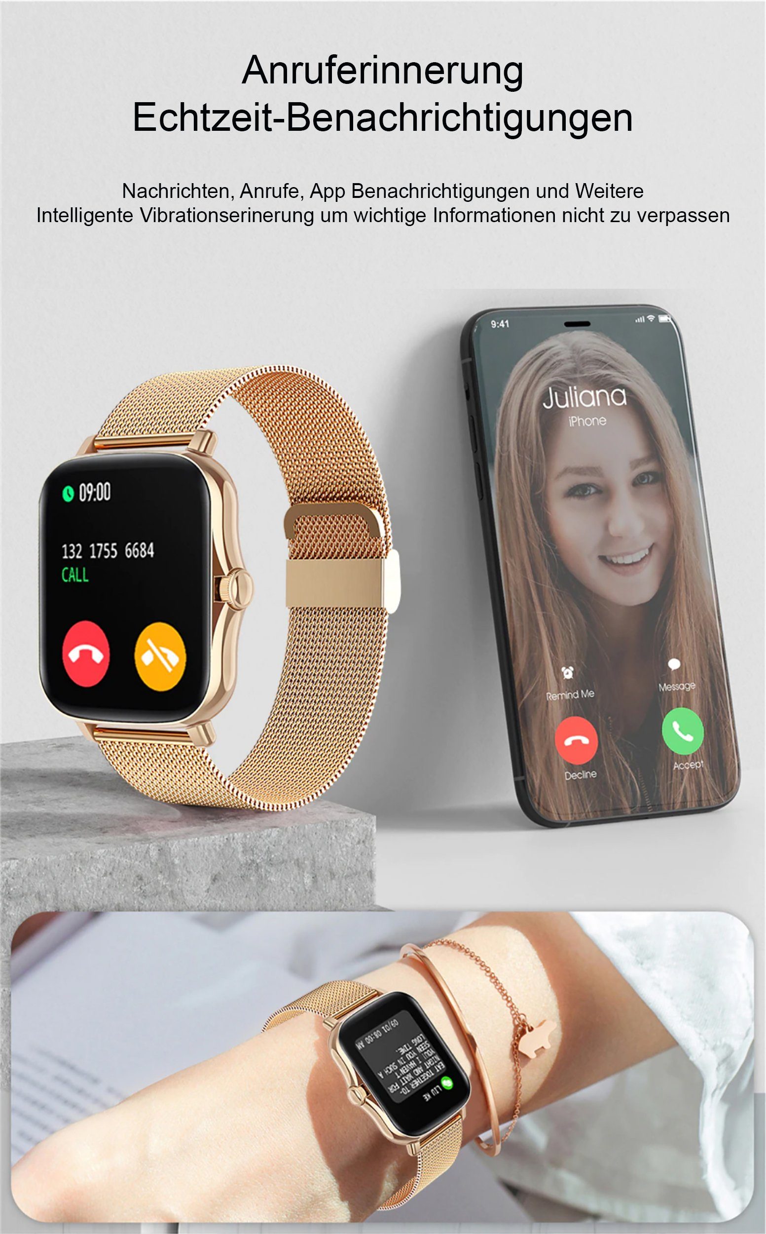 TPFNet SW03 mit Milanaise Armband + Silikon Armband Smartwatch (Android), individuelles Display - Armbanduhr mit Musiksteuerung, Herzfrequenz, Schrittzähler, Kalorien, Social Media etc., Schwarz