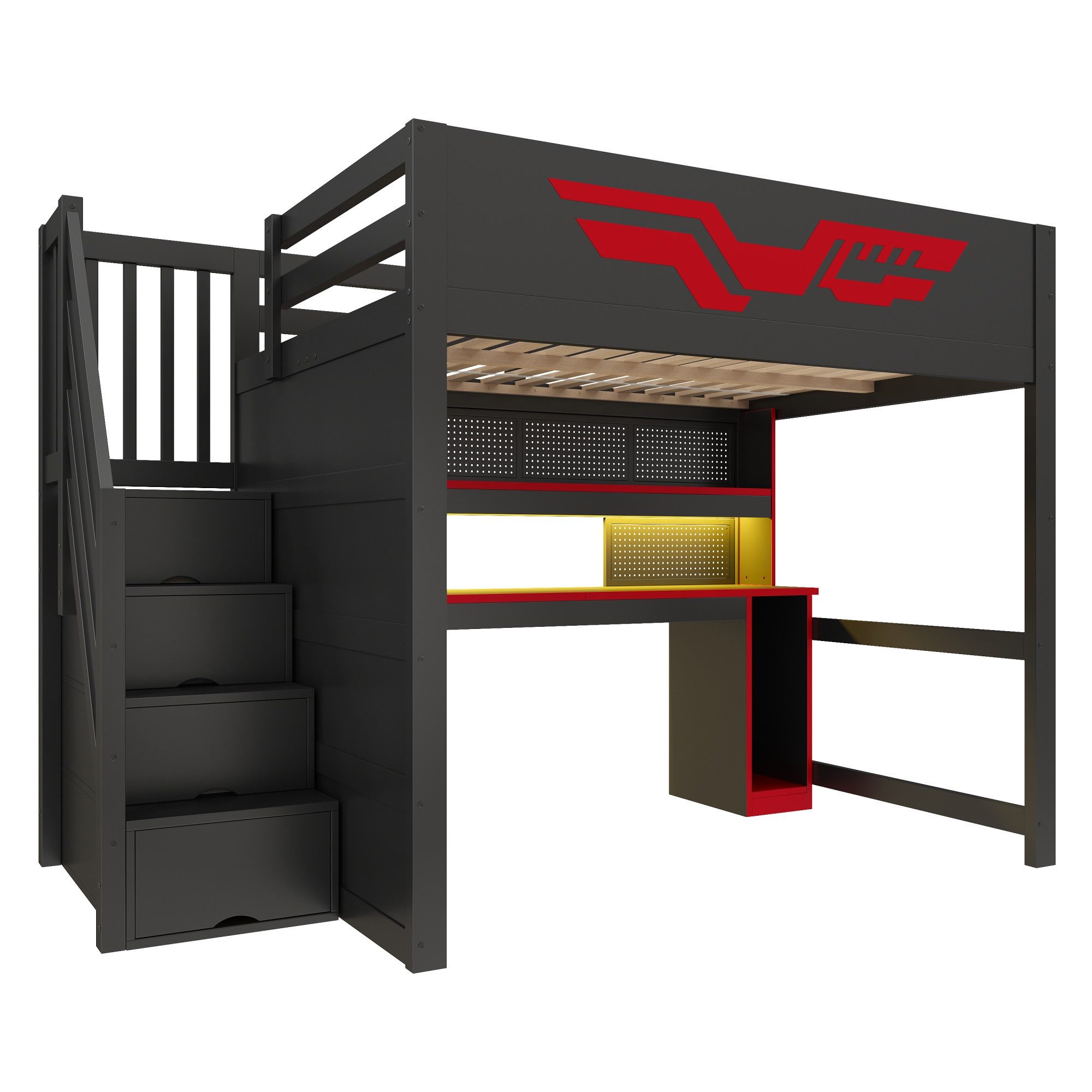Flieks Hochbett Gamingbett 140x200cm mit Schreibtisch, Stauraumtreppe, LED & Aufladen – Bild 5 von 5