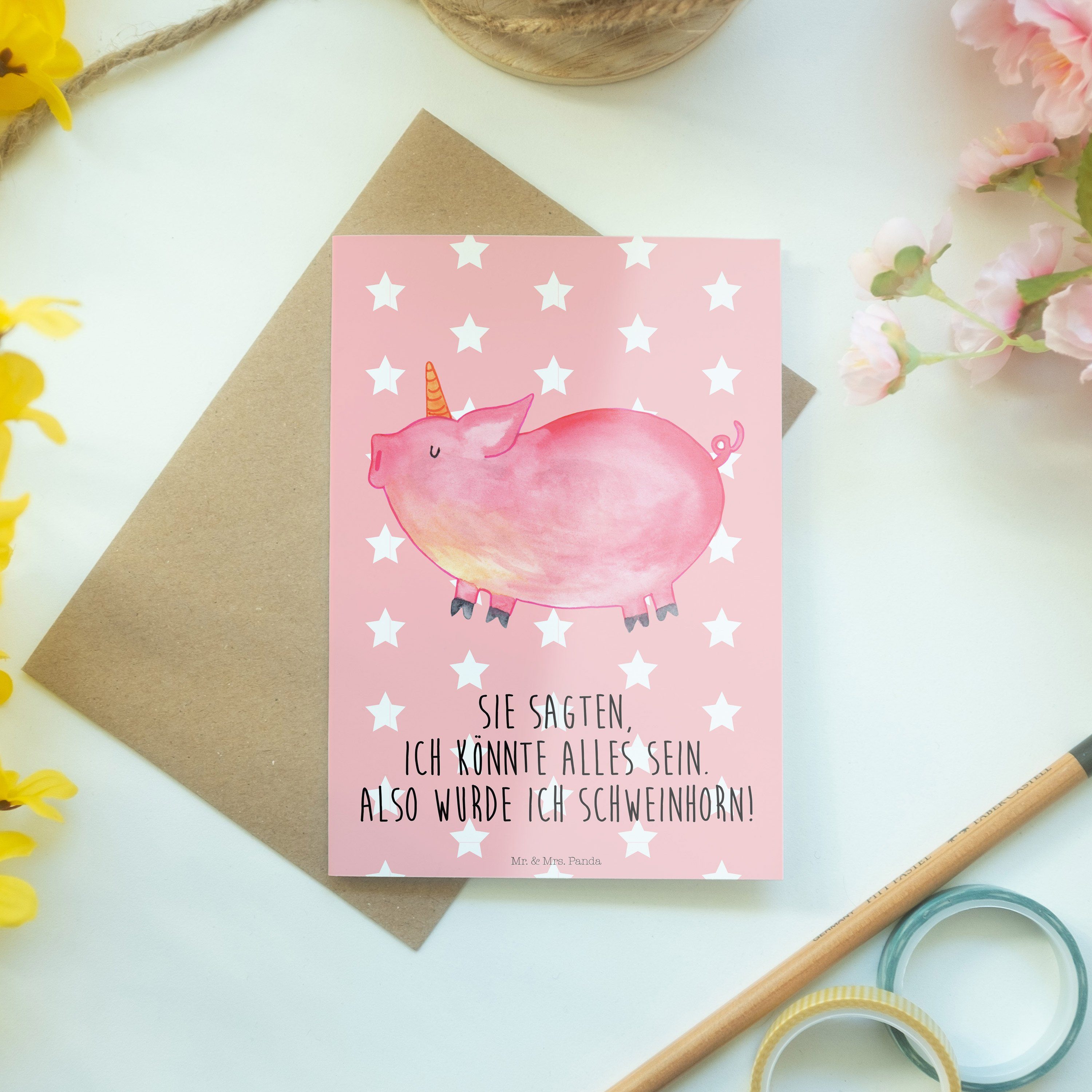 Grußkarte Schweinhorn Panda Einla & Rot Geschenk, - Pastell Einhorn Glückwunschkarte, Mrs. Mr. -