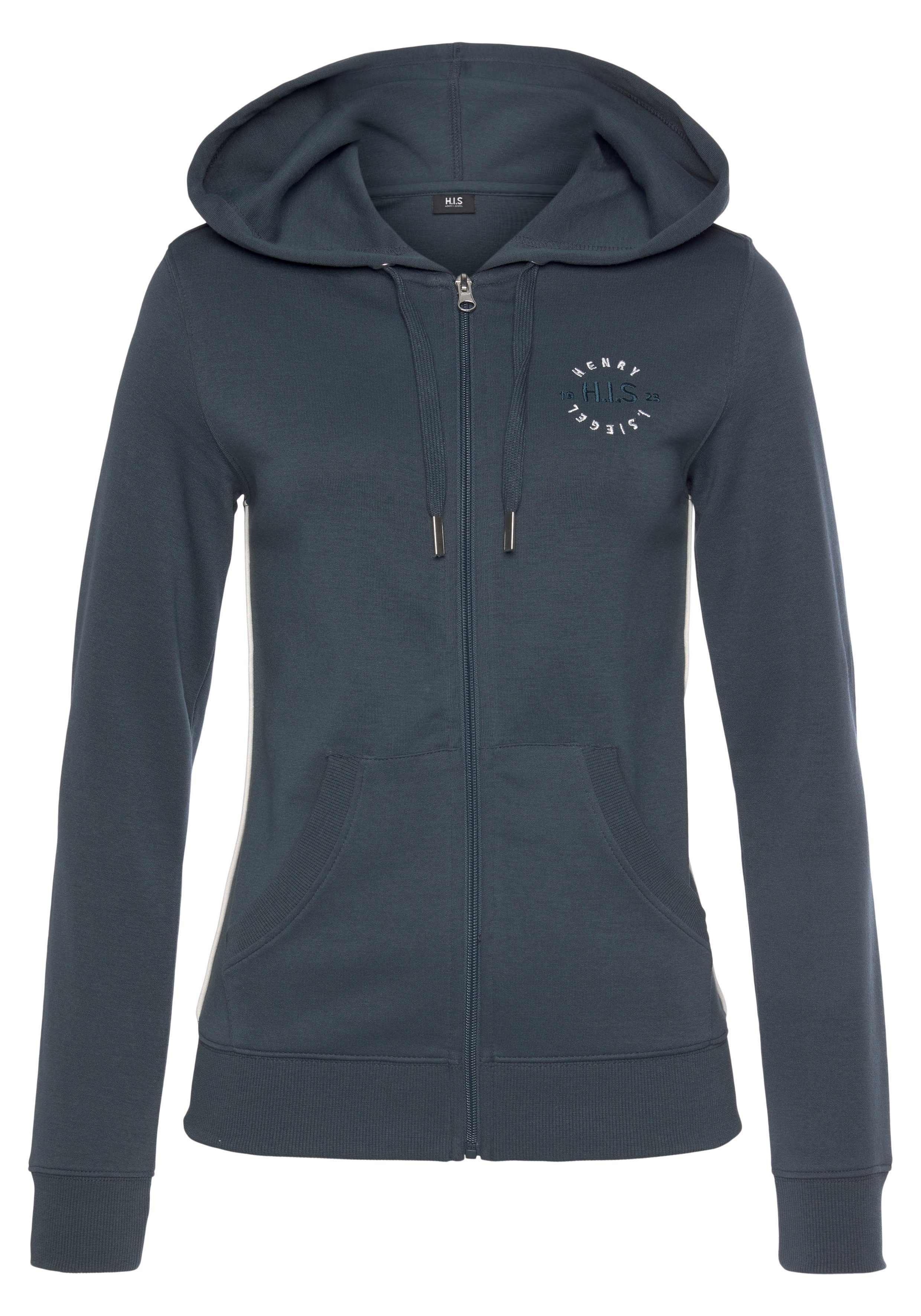 seitlichem H.I.S Kapuzensweatjacke kleiner Markenstickerei, und mit Piping navy Loungeanzug