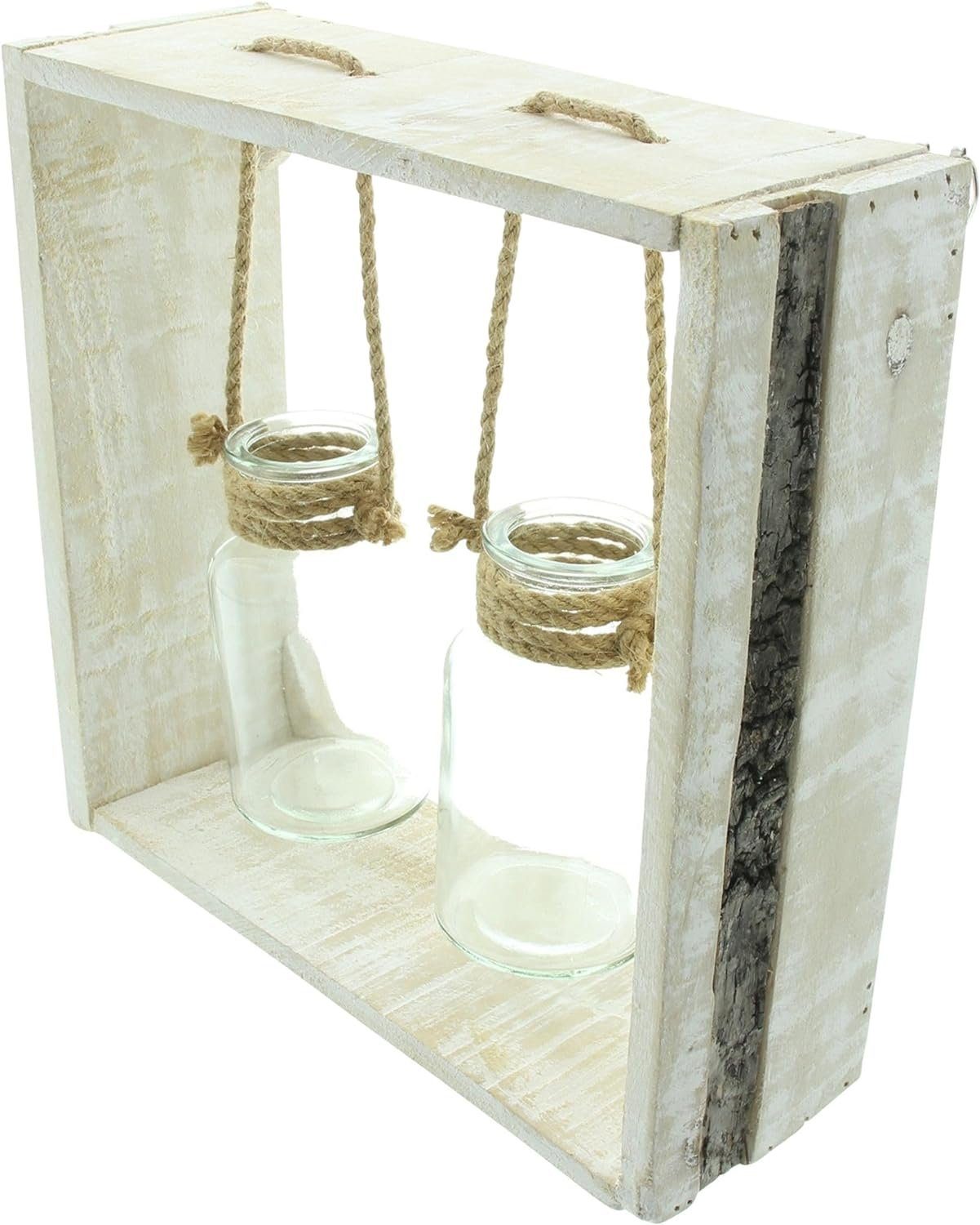 Dekoleidenschaft Dekovase Holzrahmen "Väschen" mit 2 Glasvasen, Vasenhalter aus Holz mit Vase, Blumenvase, Vasenhalterung, Vasenset, Flaschenvase, Dekovase, Gestell