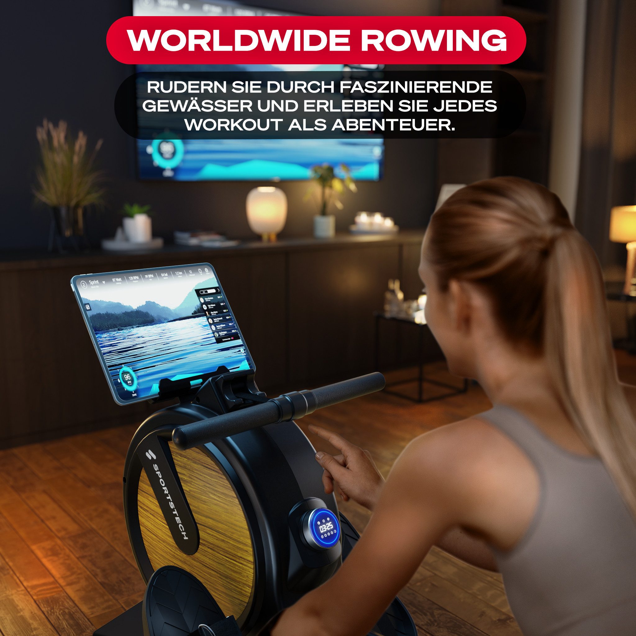 Sportstech Rudergerät SP_PROwer, LED Knob Display, 32 Widerstandsstufen, Tablethalterung