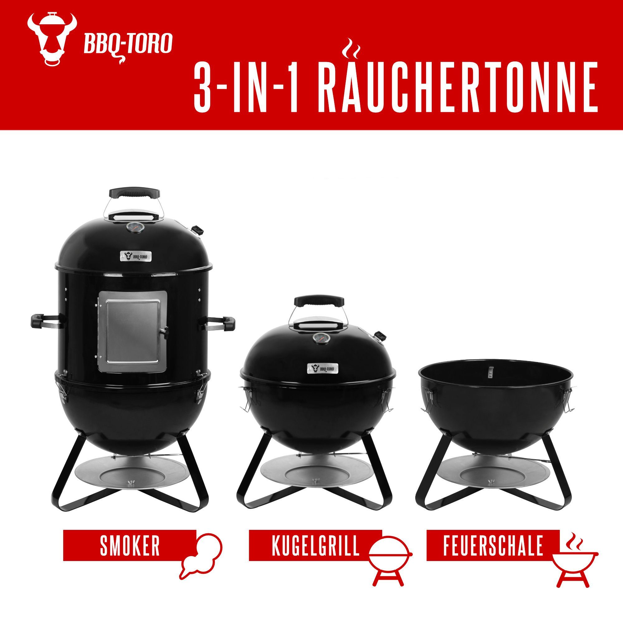 BBQ-Toro Räucherofen 3 in 1 Räuchertonne Ø 47 cm, 3in1 Smoker, Kugelgrill und Feuerstelle, Auch als Kugelgrill und Feuerstelle nutzbar