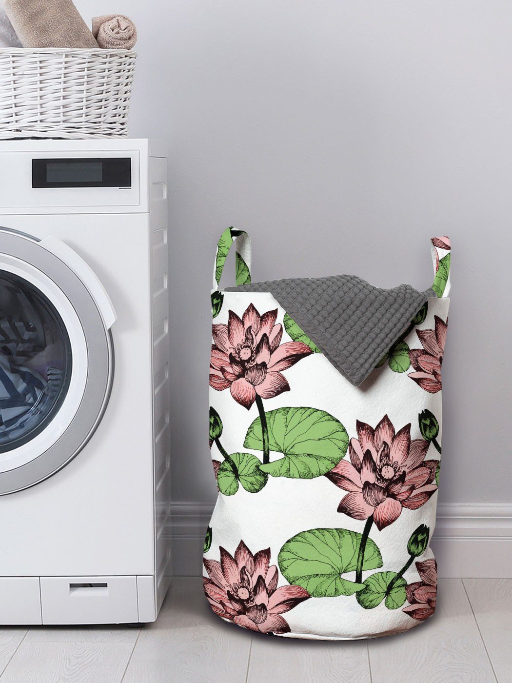 Kunst Wasserblumen Wäschekorb mit Wäschesäckchen Asiatische für Waschsalons, Lotus Griffen Abakuhaus Kordelzugverschluss