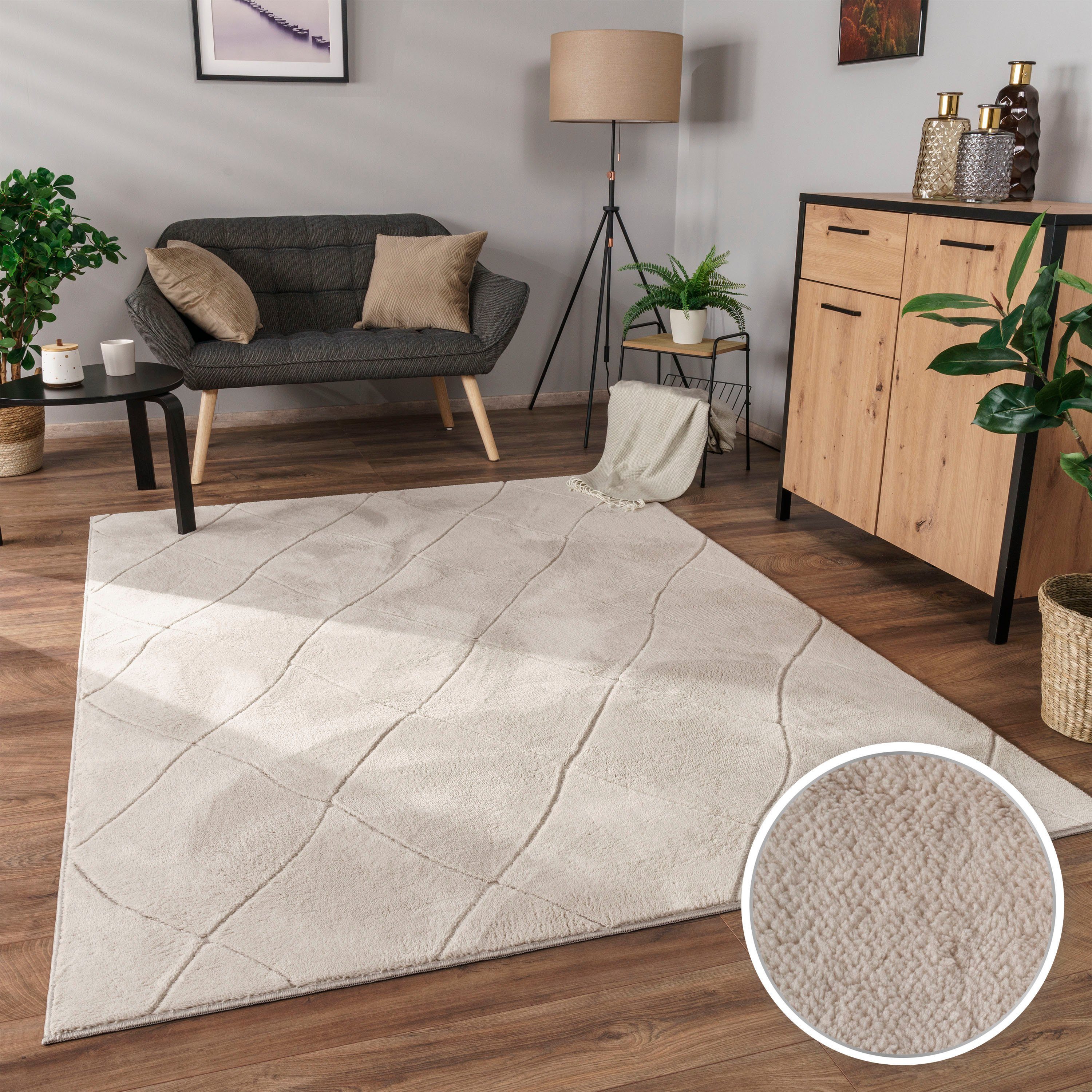 Paco Home Teppich Utrecht 641, rechteckig, Höhe: 4 mm, Kurzflor, Uni Farben, 3D-Design, Rauten Muster, besonders weich