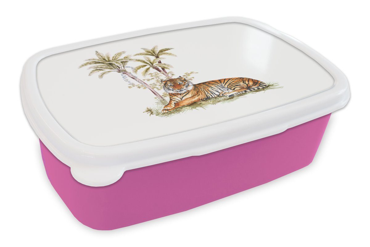 MuchoWow Lunchbox Tiger - rosa Brotbox Erwachsene, Snackbox, Baum Gemälde, für Brotdose Kunststoff, (2-tlg), - Kunststoff Mädchen, Kinder