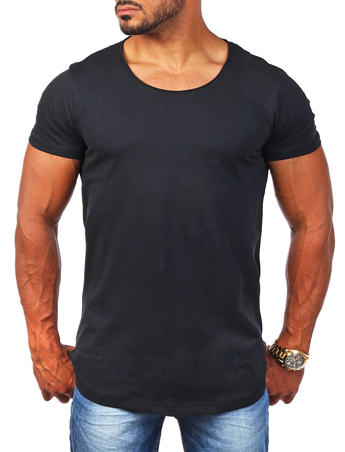 Young & Rich T-Shirt Herren Uni Basic rundhals Ausschnitt vintage Look Unterziehshirt 1702 Rundhalsauschnitt unifarben kurzarm slim fit