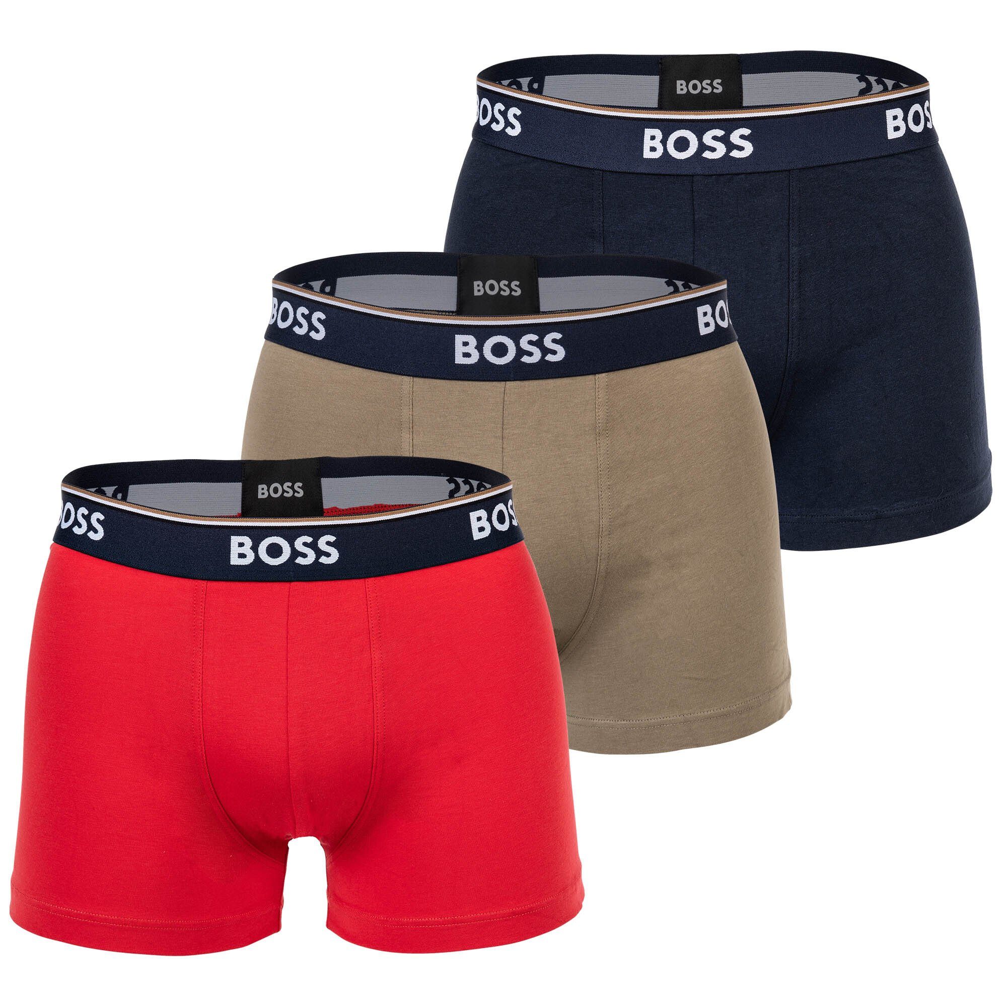 BOSS Boxer Herren Power, Rot/Dunkelblau/Olive 3er Pack - Trunks, Unterwäsche