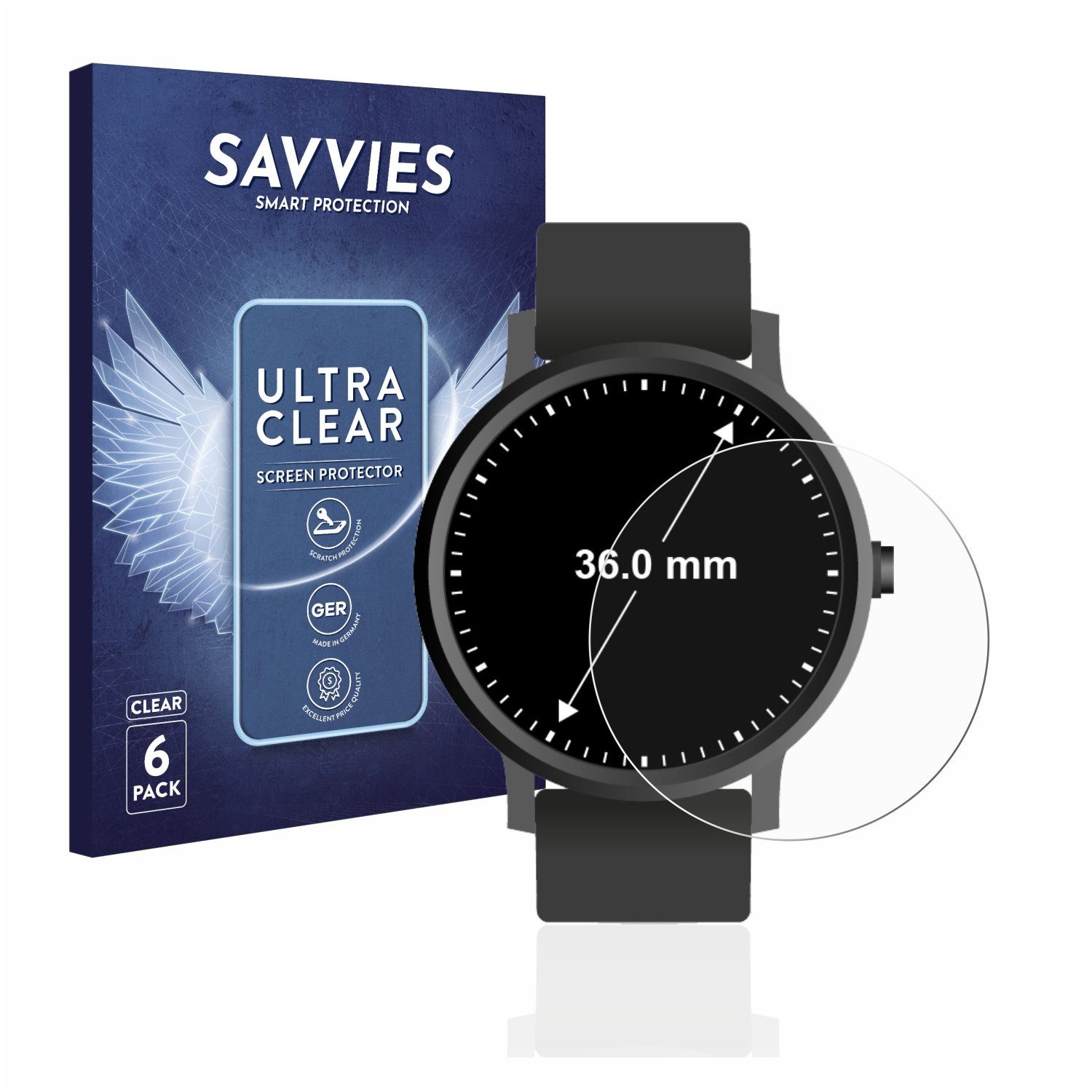 Savvies Displayschutzfolie Schutzfolie für Armbanduhren (Kreisrund, ø: 36 mm), 6 Stück, Displayschutz Schutz Folie Klar Transparent