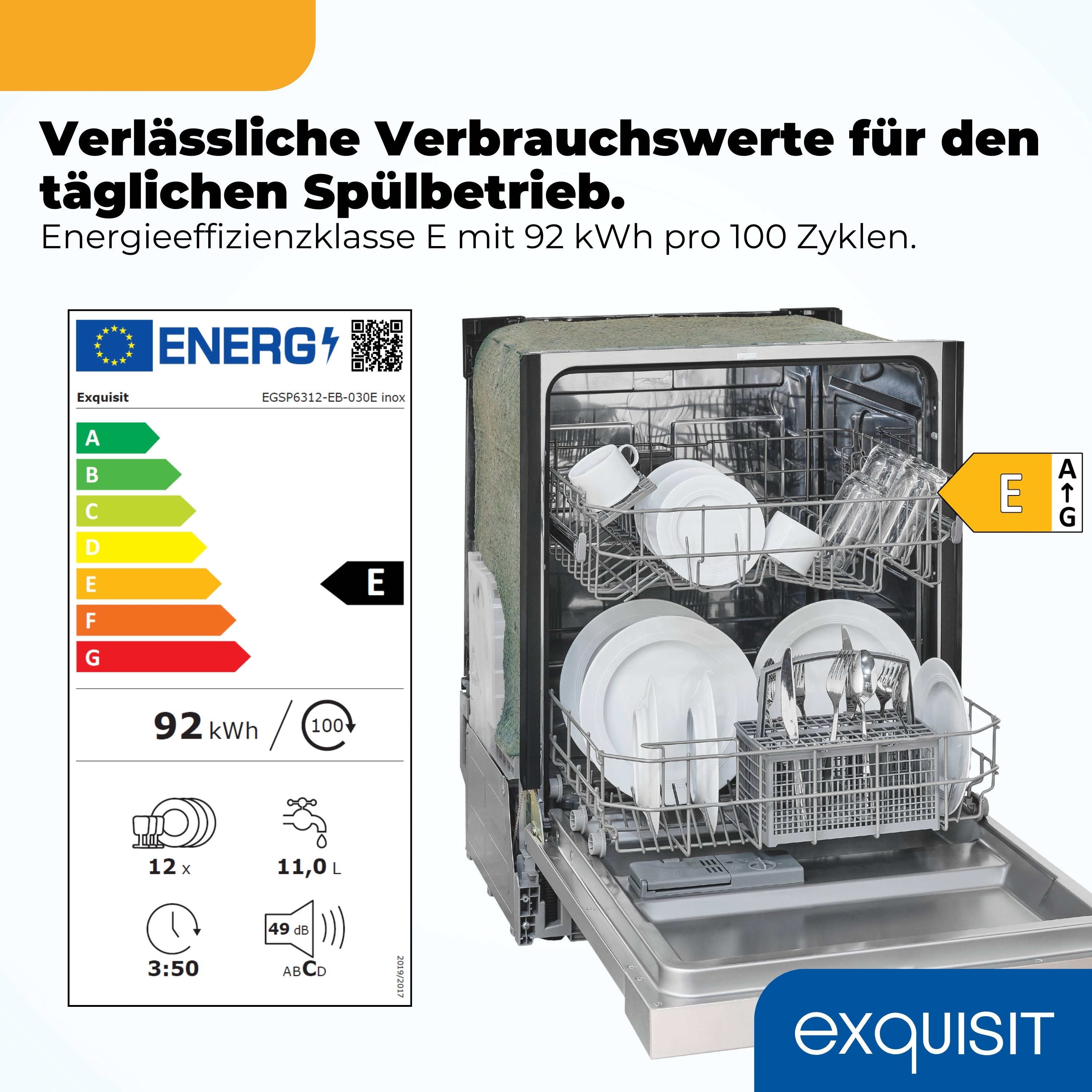 exquisit teilintegrierbarer Geschirrspüler EGSP56312-EB-030E, 11 l, 12 Maßgedecke, LED-Anzeige, höhenverstellbare Füße, Kindersicherung