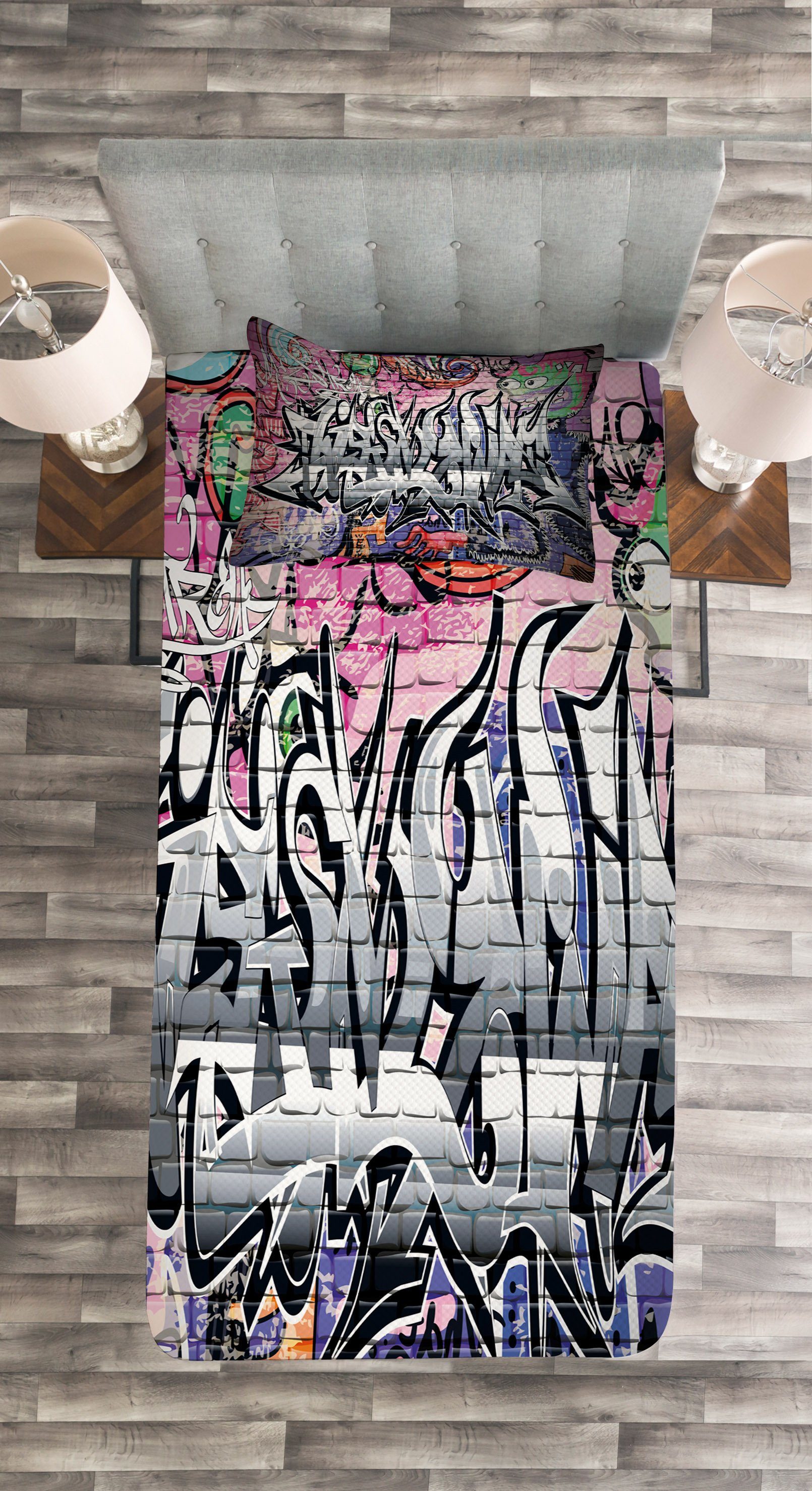 Art mit Kissenbezügen Waschbar, Städtisch Wall Grunge Abakuhaus, Graffiti Set Tagesdecke