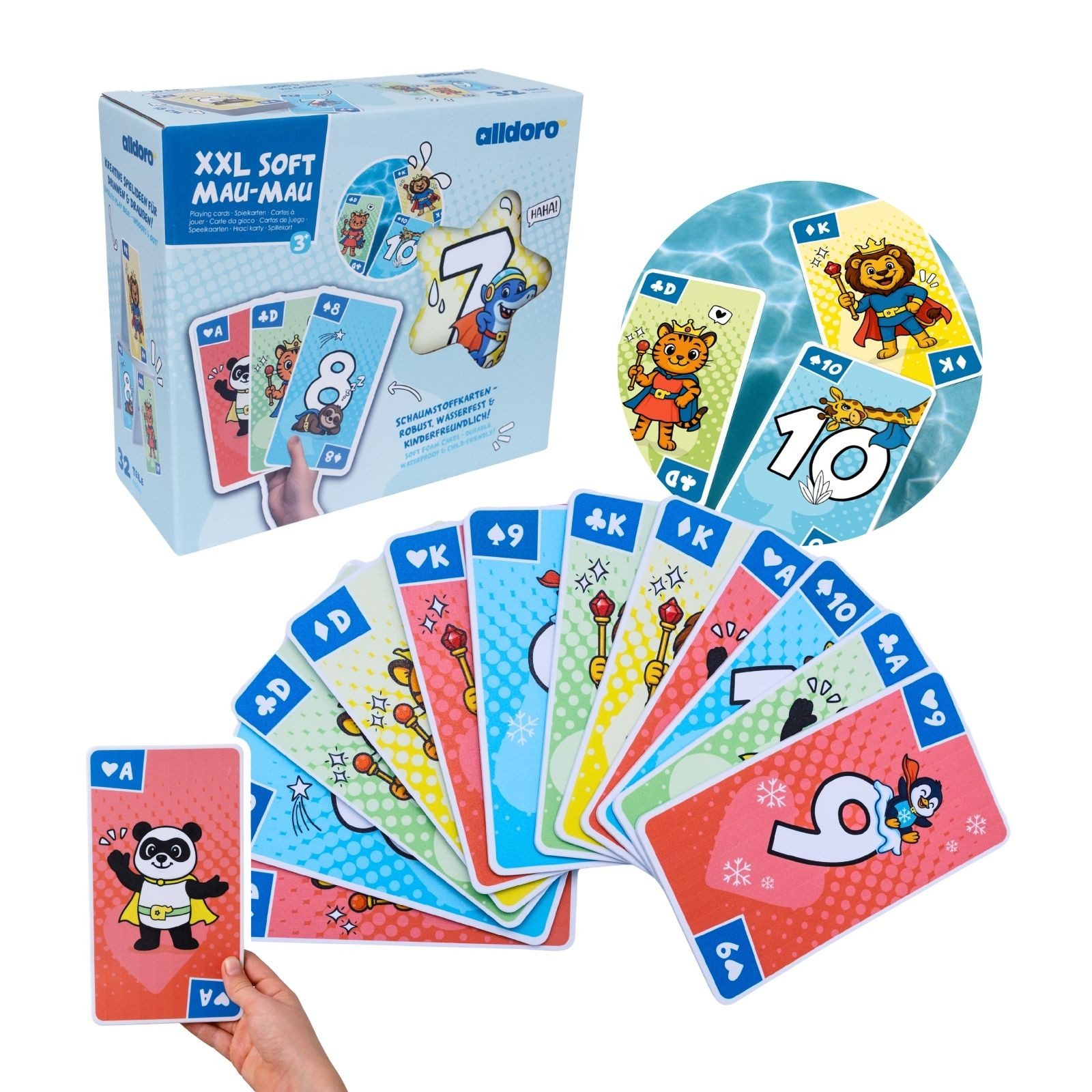 alldoro Badespielzeug XXL Mau-Mau Kartenspiel für Badewanne & Pool – 32 schwimmende Karten, Badespielzeug aus EVA-Schaum mit Tiermotiven ab 3 Jahren