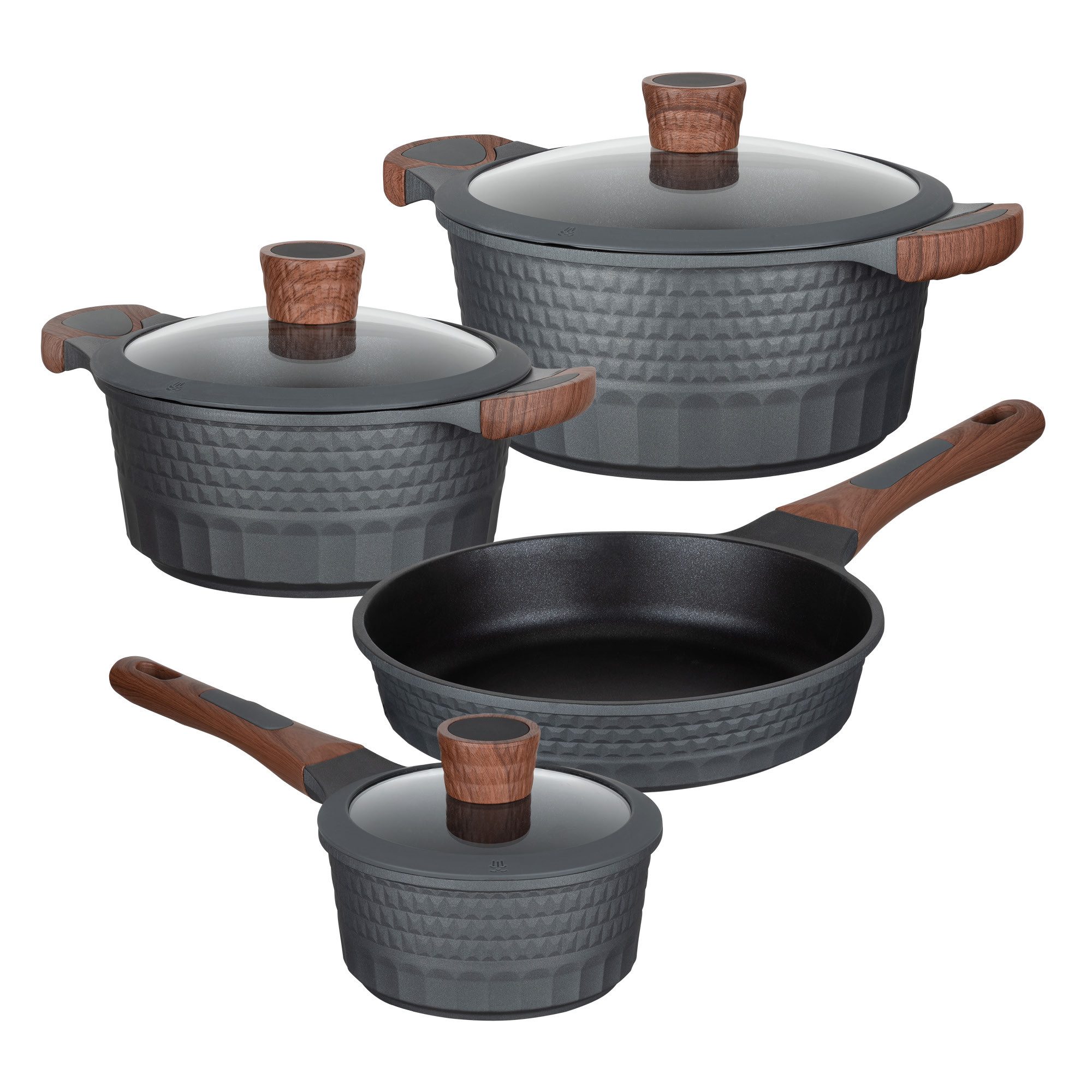 RESTO Kitchenware Topf-Set CAPELLA - Einzigartiges Design mit 3D-Effekt, antihaftbeschichtet, Aluminiumguss (Set, 7-tlg., 1x Soßentopf Ø 16 cm, 2x Kochtopf Ø 20/24 cm, 1x Bratpfanne Ø 24 cm), für alle Herdarten geeignet, auch Induktion