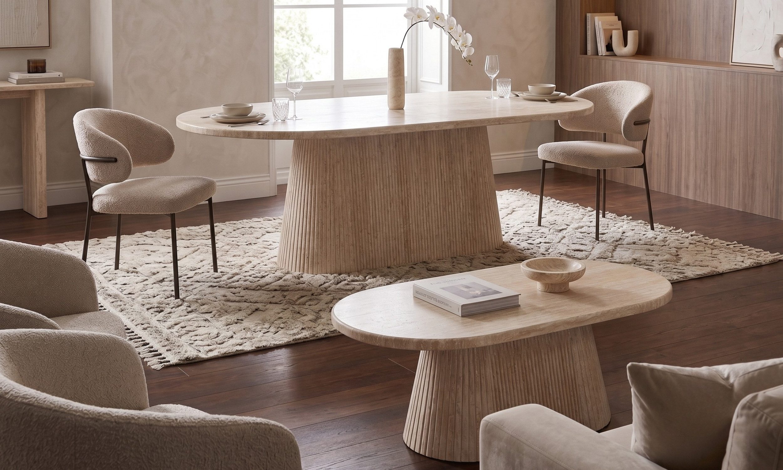 alesvelt Esstisch & Couchtisch Design Set im Säulenstil Travertin-Optik (2er-Set), 200x100x75cm, 130x70x45cm, edle Travertin-Optik, massive Tischplatte