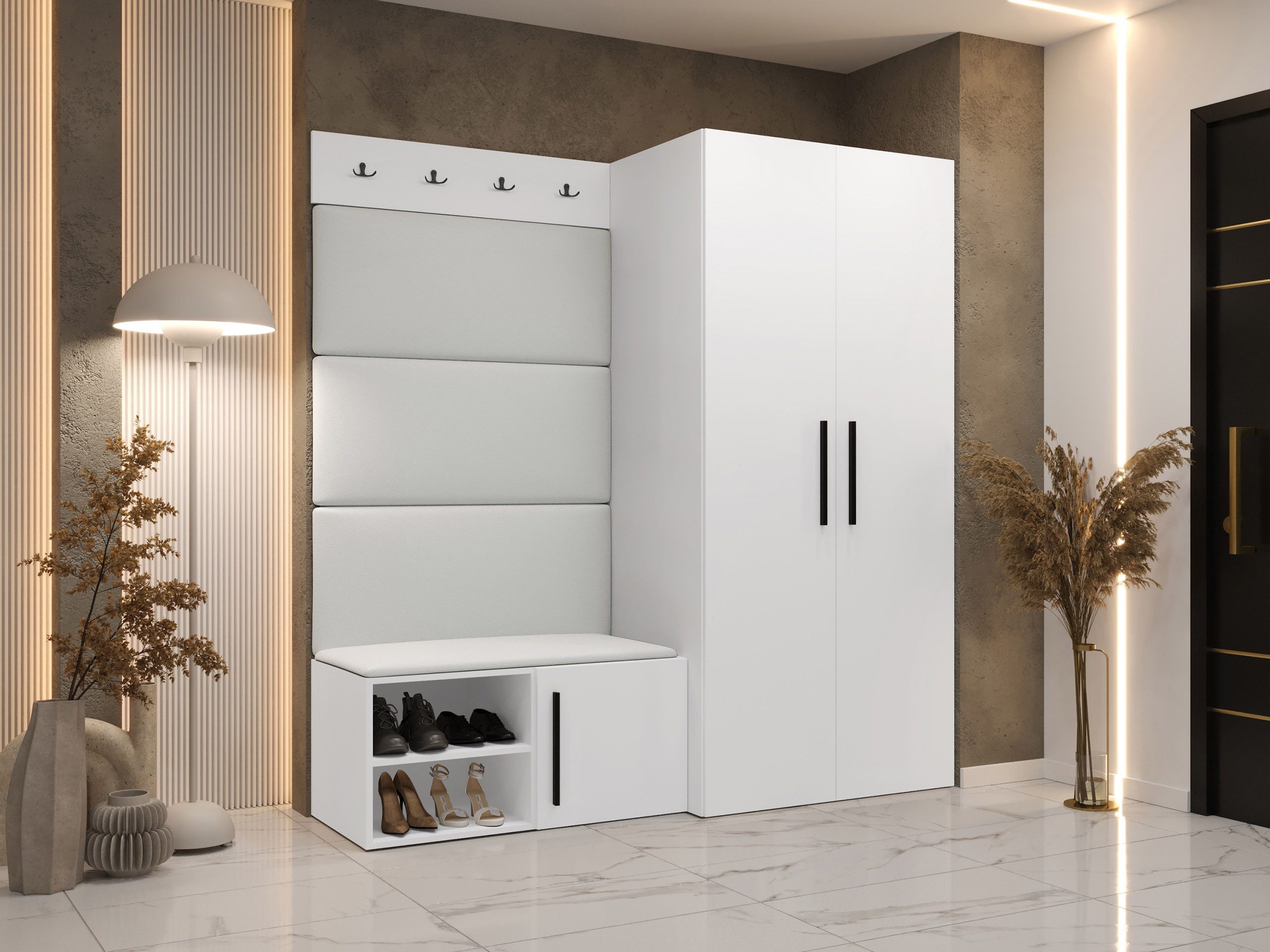 MIRJAN24 Garderoben-Set Medi I, (Drehtürenschrank, Schuhschrank, 4x Paneel 84x42), Kleiderstange, 4 Kleiderhaken für Kleidung