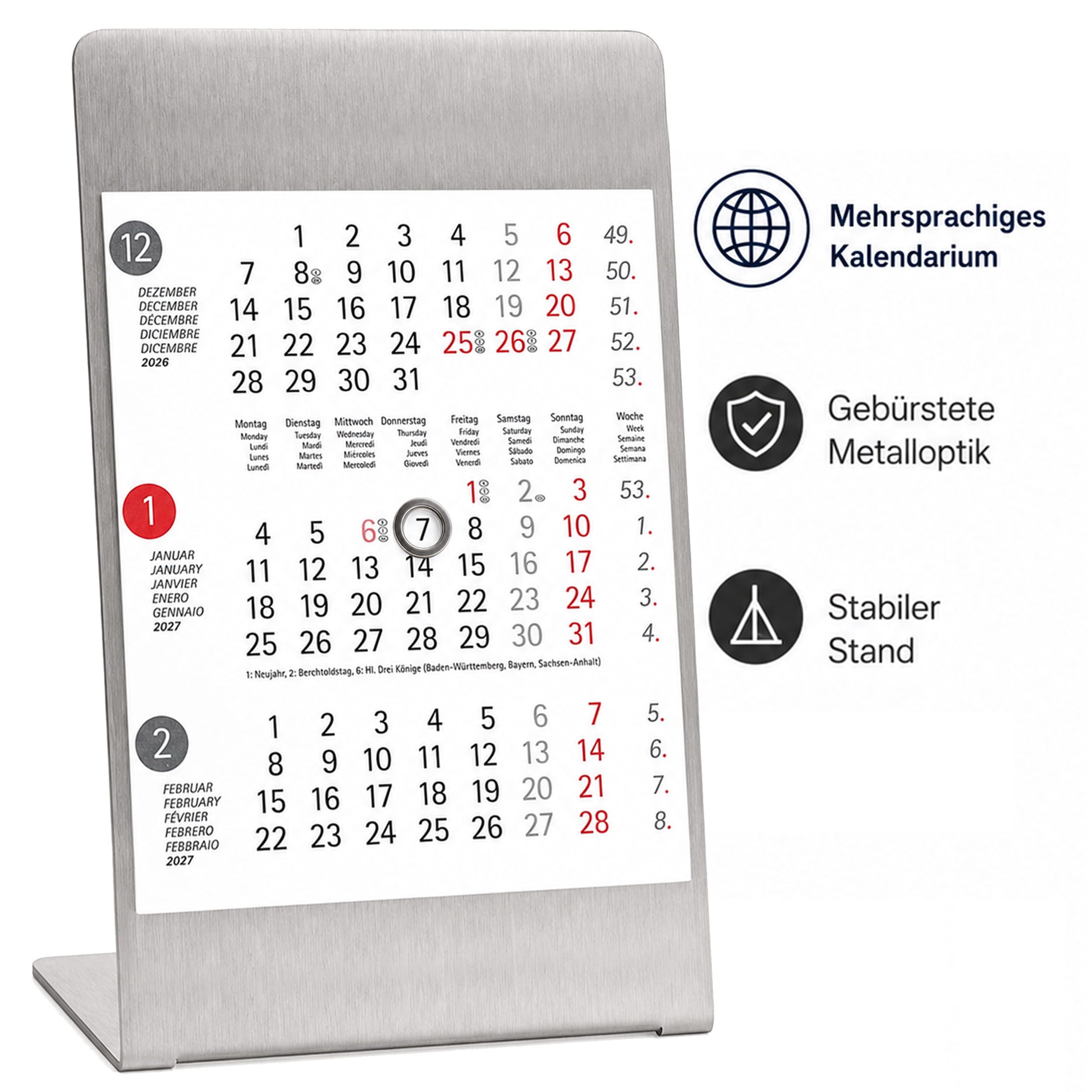 TOBJA Tischkalender Tischkalender 2027 Metallaufsteller 3-Monatskalender Büro (Dots), 3-Monats-Überblick, Datumsschieber, Edelstahl-Optik, mehrsprachig