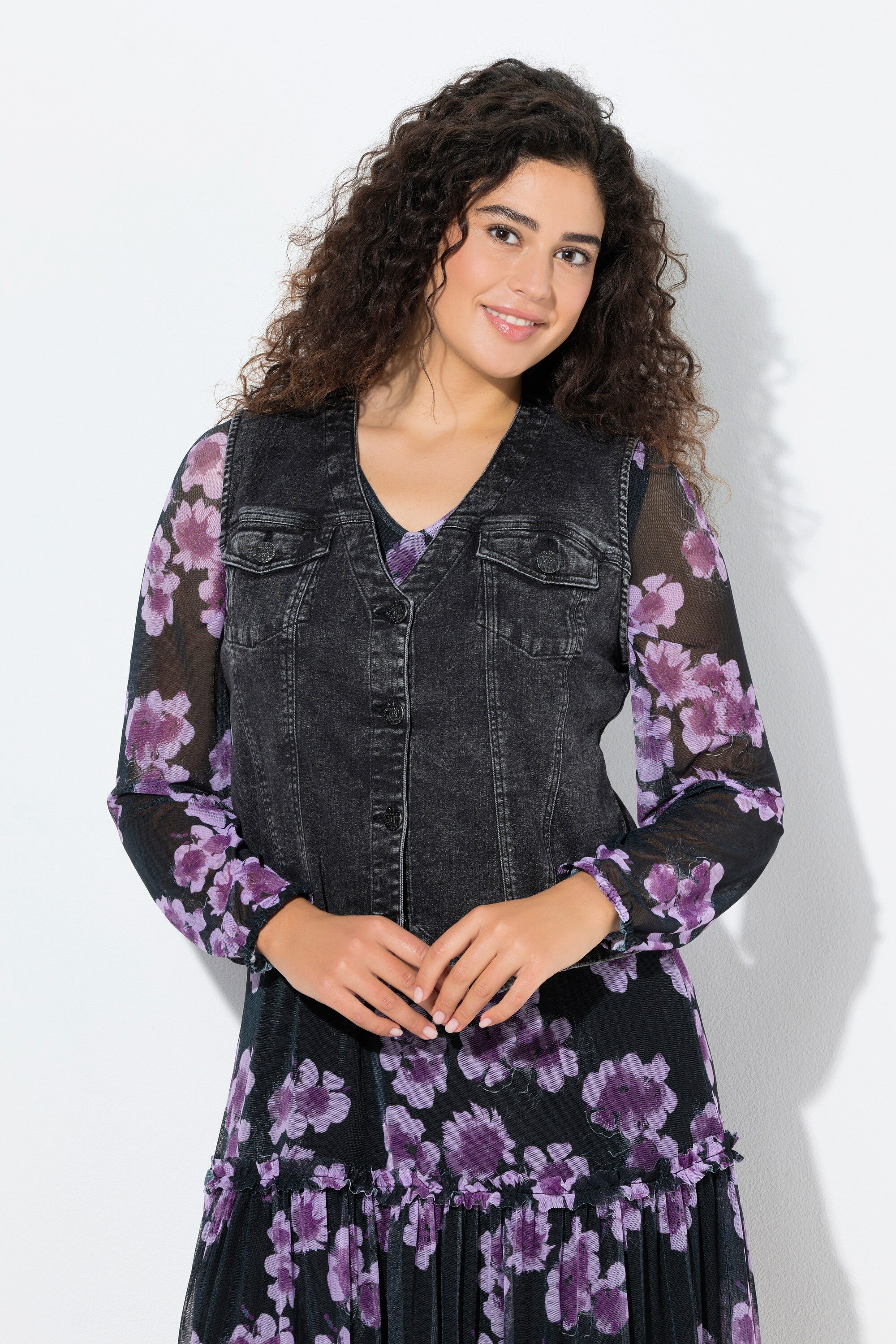 Ulla Popken Jeansweste Jeansweste V-Ausschnitt Spitzsaum Ziernähte