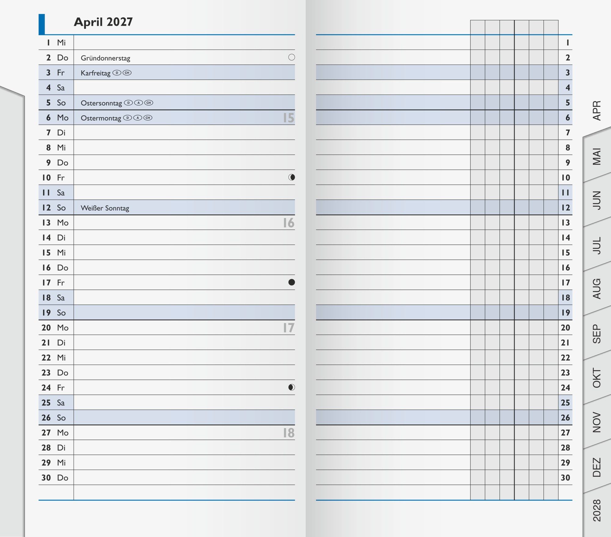 Baier & Schneider Taschenkalender Monats-Ersatzkalendarium 2027 für Mod 753, Monatsregisterschnitt mit verstärkten Taben