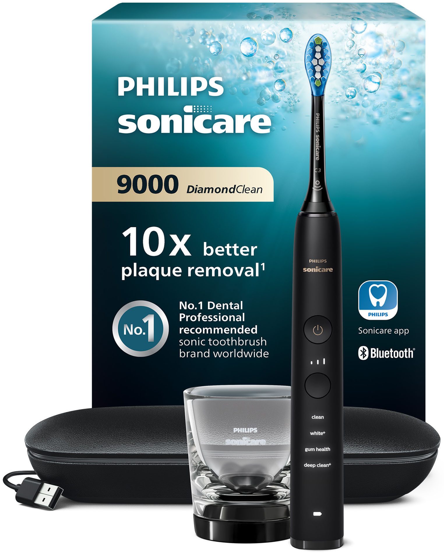 Philips Sonicare Elektrische Zahnbürste DiamondClean 9000 HX9911, Aufsteckbürsten: 1 St., mit Schalltechnologie, Ladeglass, USB-Reiseetui