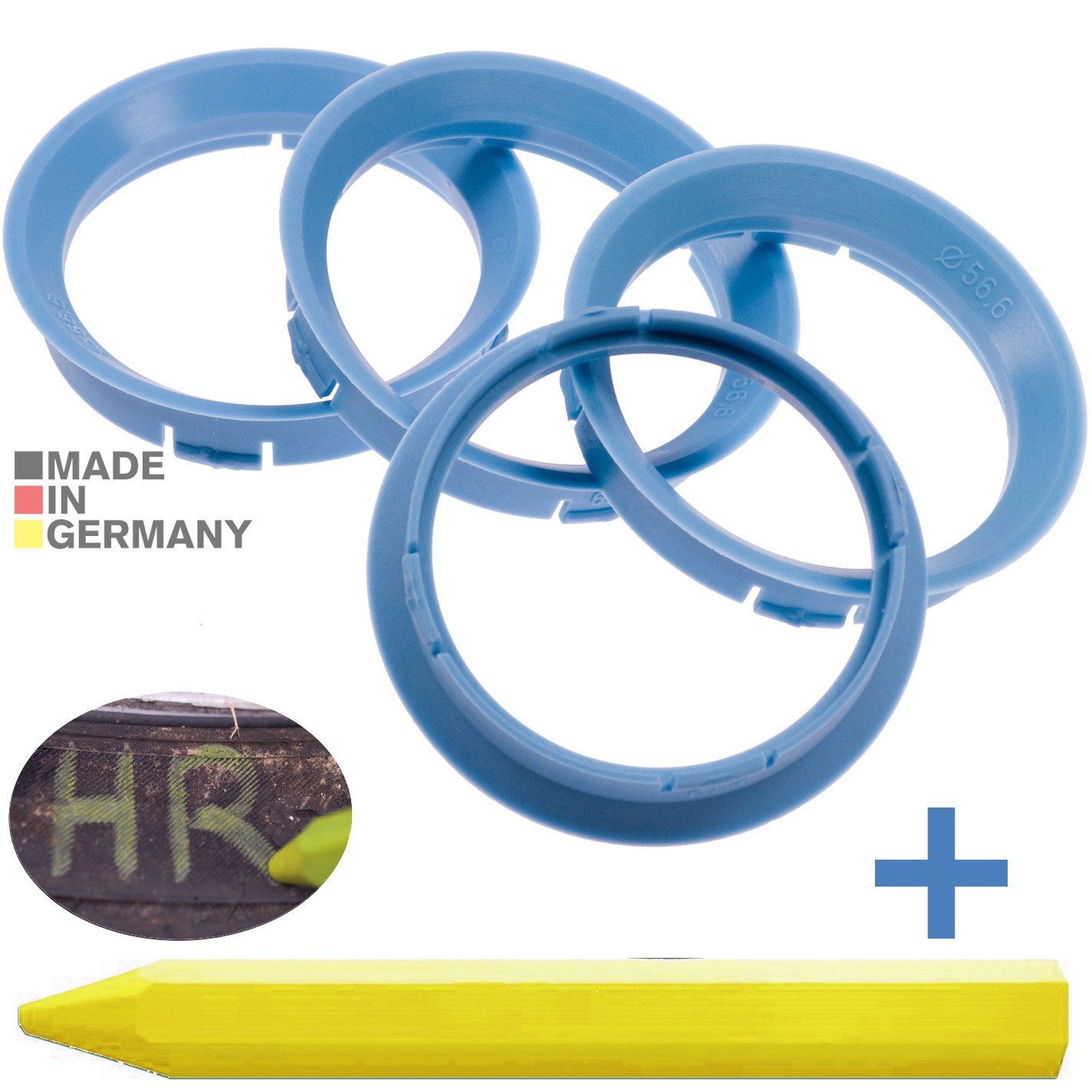 RKC Reifenstift 4X Zentrierringe Hellblau Felgen Ringe + 1x Reifen Kreide Fett Stift, Maße: 63,3 x 56,6 mm