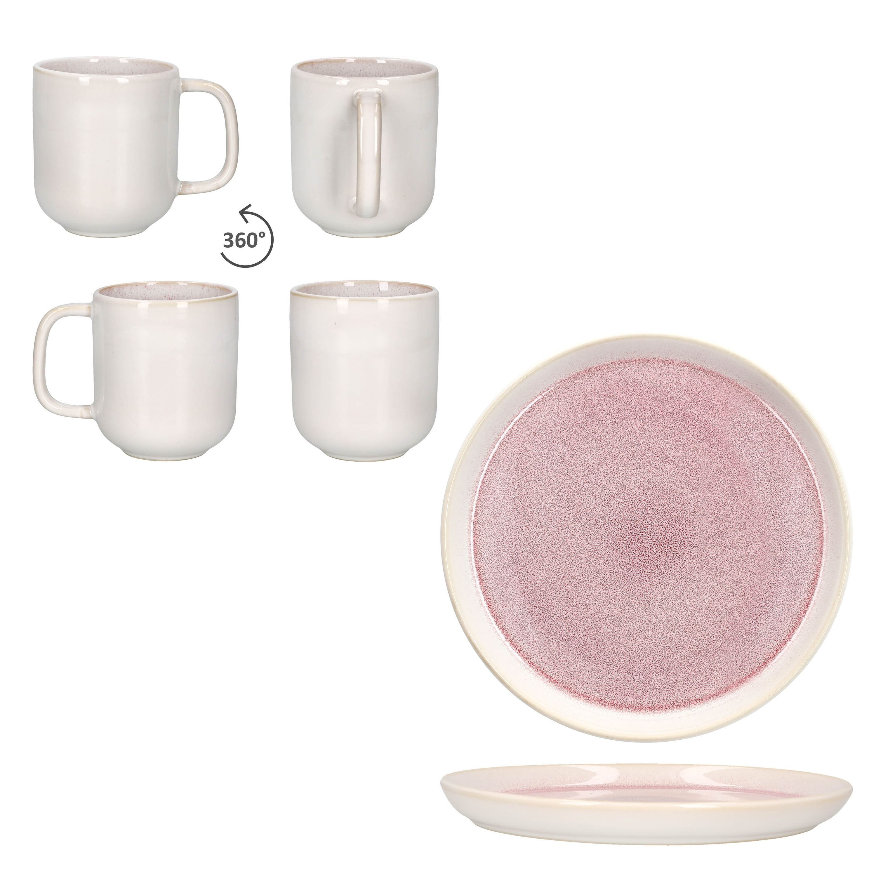 MamboCat Frühstücks-Geschirrset 12tlg Frühstücksset Reactive Glaze Paris 6 Pers Teller Becher Pink, Steingut, Steingut – Bild 4 von 5
