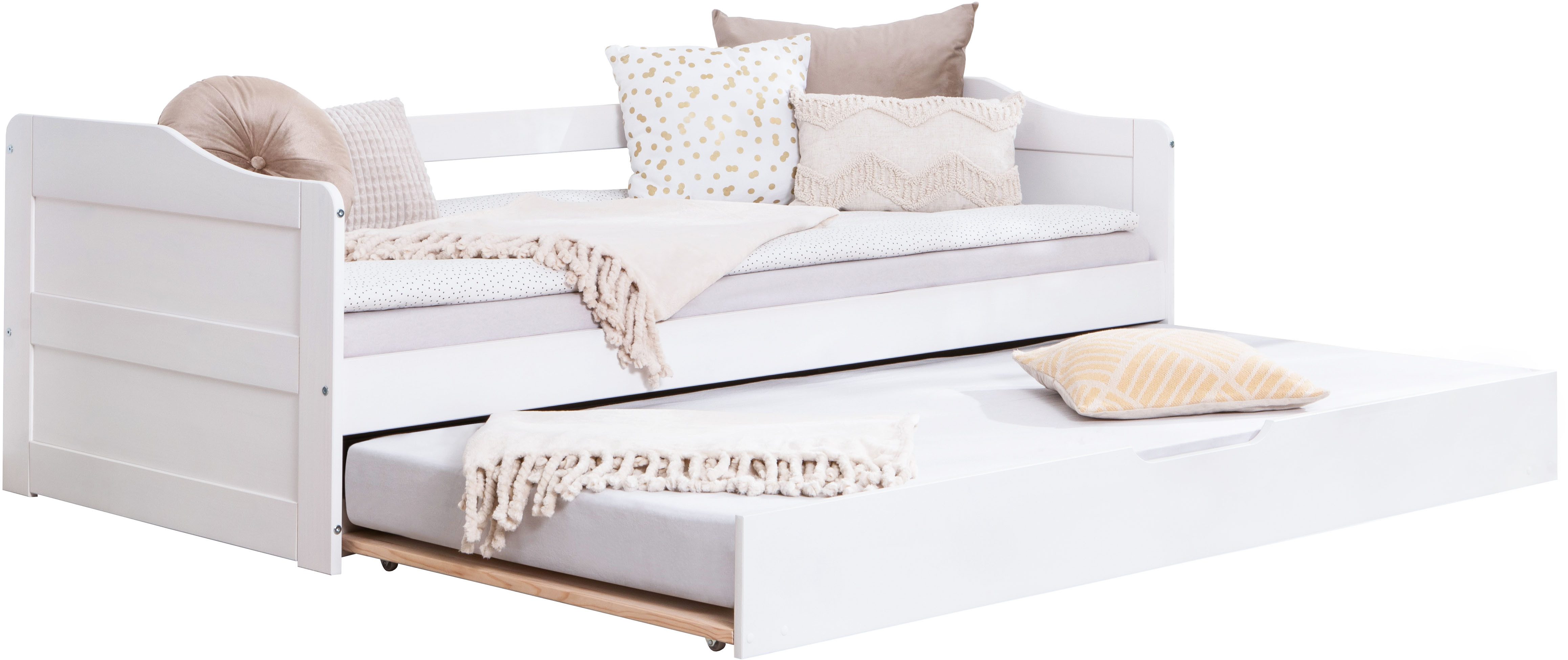 Ticaa Funktionsbett Melinda, Daybett, Jugendbett, 2 Schlafplätze, Schublade auf Rollen, FSC®-zertifizierte Kiefer, 2 Rollroste, Massivholz