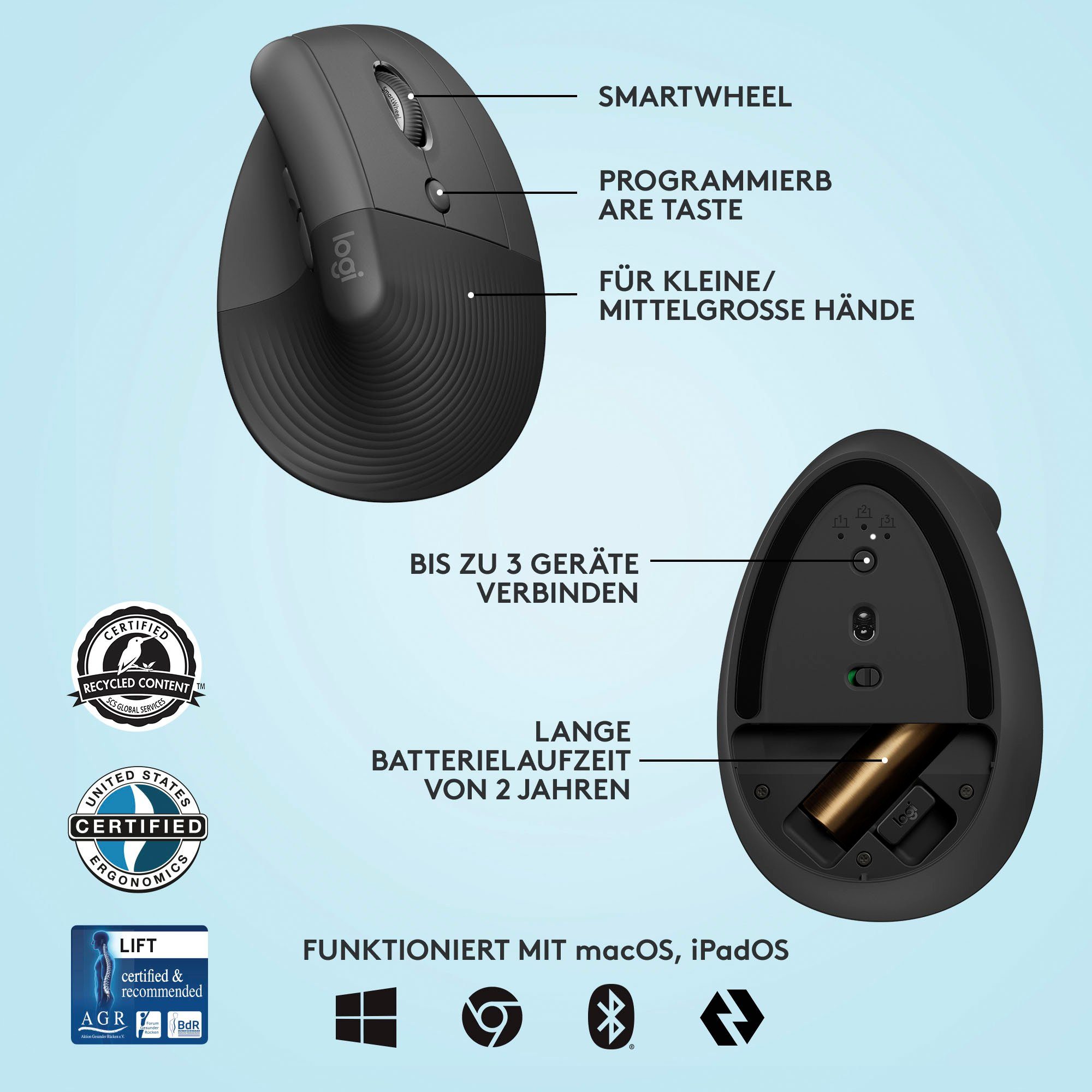 Logitech Lift Right Vertical ergonomische Maus (Bluetooth)