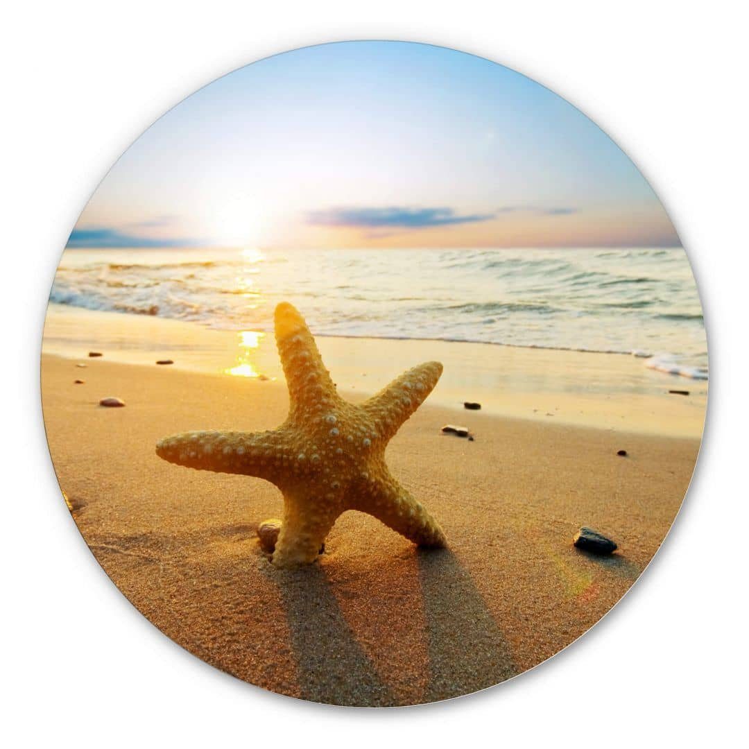 K&L Wall Art Alu-Dibond-Druck Metallbild Rund Seestern Sand Strand Urlaub Alu-Dibond Deko, Metalloptik Wandbild Ø 30cm, Metall Wandbild fürs Wohnzimmer Metallschild inkl. Wandhalterung