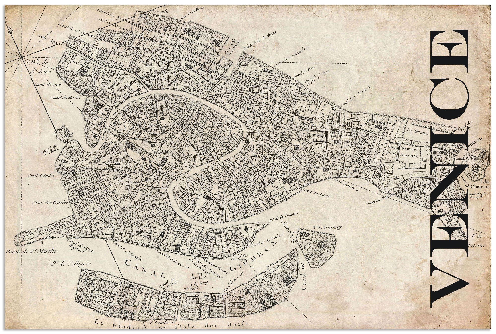 Artland Wandbild Venedig Karte Straßen Karte Grunge, Italien (1 St), als Alubild, Leinwandbild, Wandaufkleber oder Poster in versch. Größen