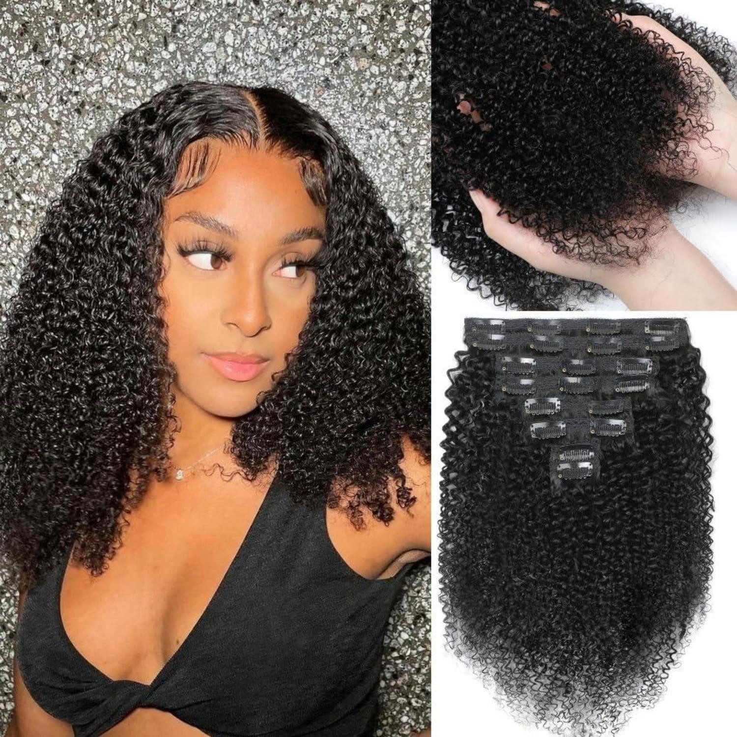 LuxusKollektion Echthaar-Extension Clip In Extensions Kinky Curly 22Zoll Natural Black 22zoll-56cm-120g
