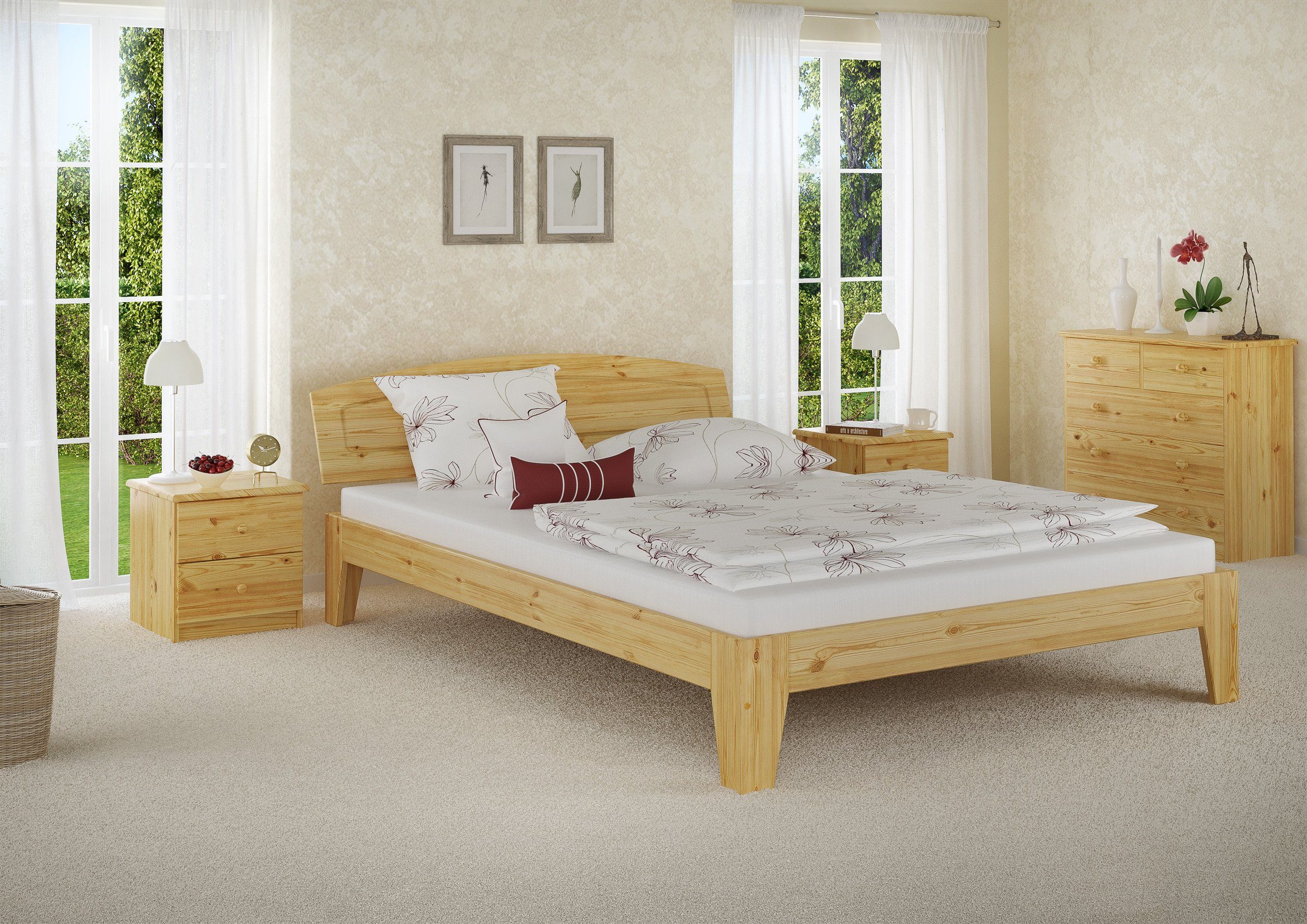 ERST-HOLZ mit 140x200 Bett Doppelbett lackiert natur Kieferfarblos Rollrost, Kiefer