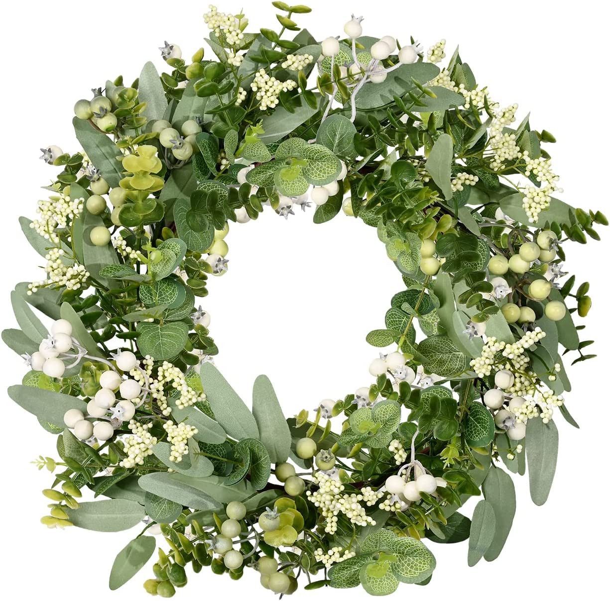Kunstkranz Künstlicher Kranz aus Grünpflanzen für Frühling,Sommer und Weihnachten, Sorvyzxn, Grüner Eukalyptus Kranz mit Beeren – Türdeko ganzjährig