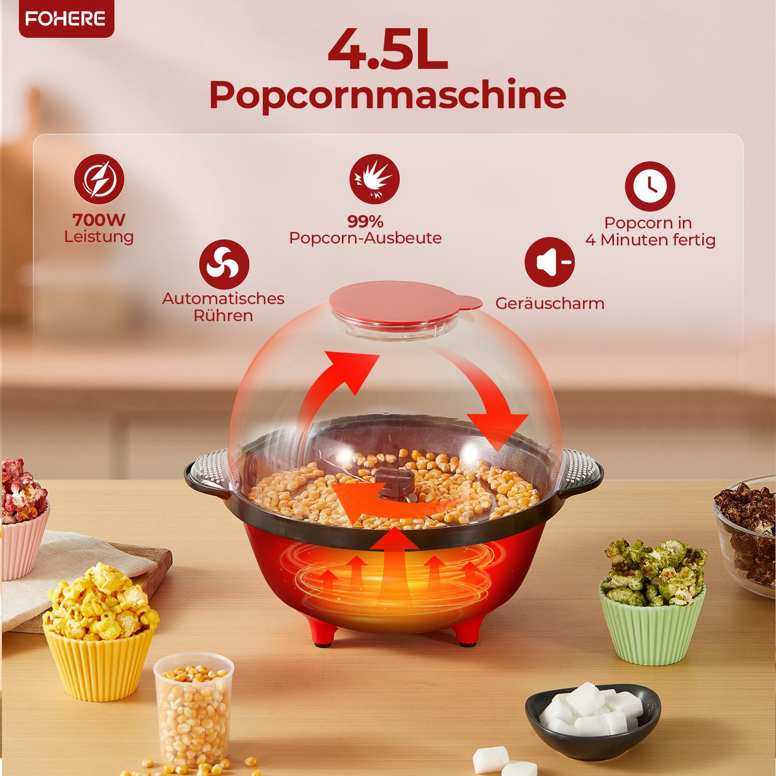 FOHERE Popcornmaschine 4.5L 700W Popcornmaschine mit 2 Messbecher, für Zucker und Öl, Automatisches Rühren