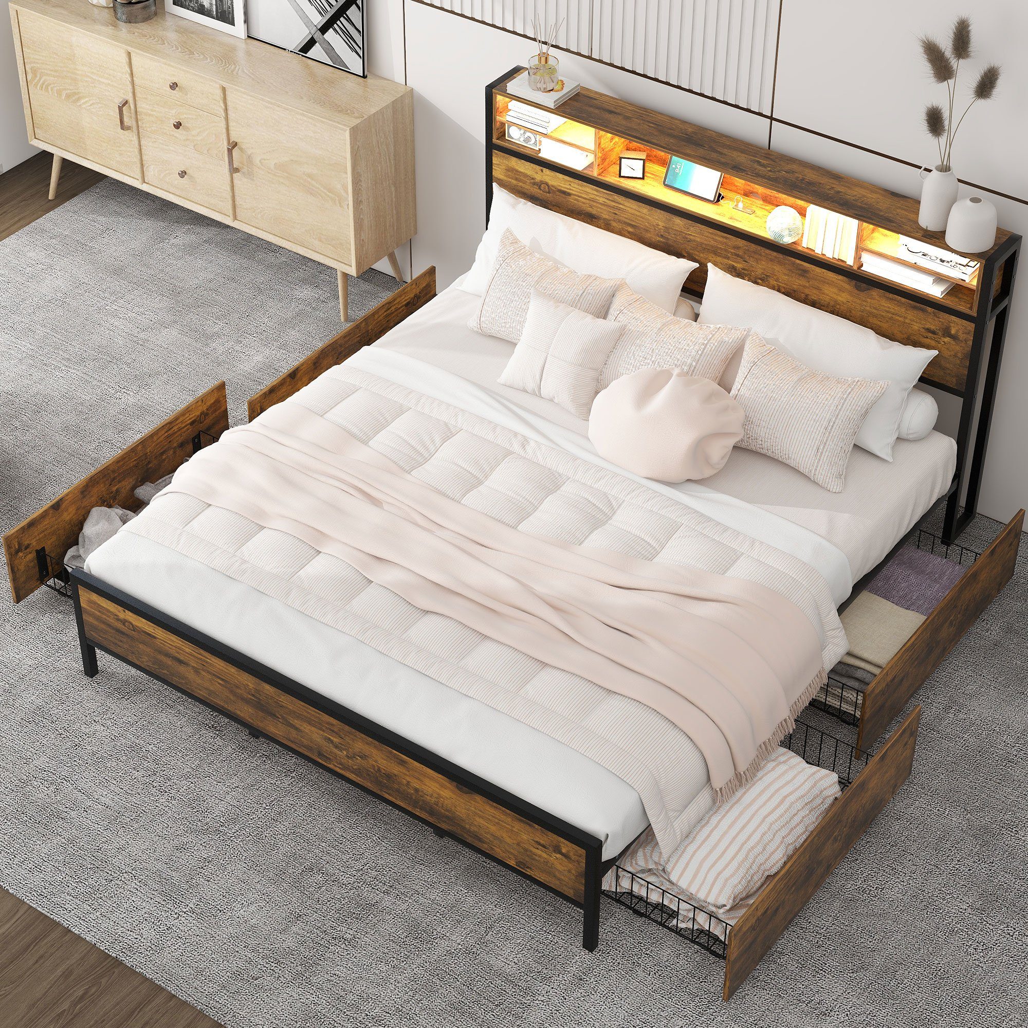 Flieks Holzbett, LED Beleuchtung Doppelbett mit günstig online kaufen