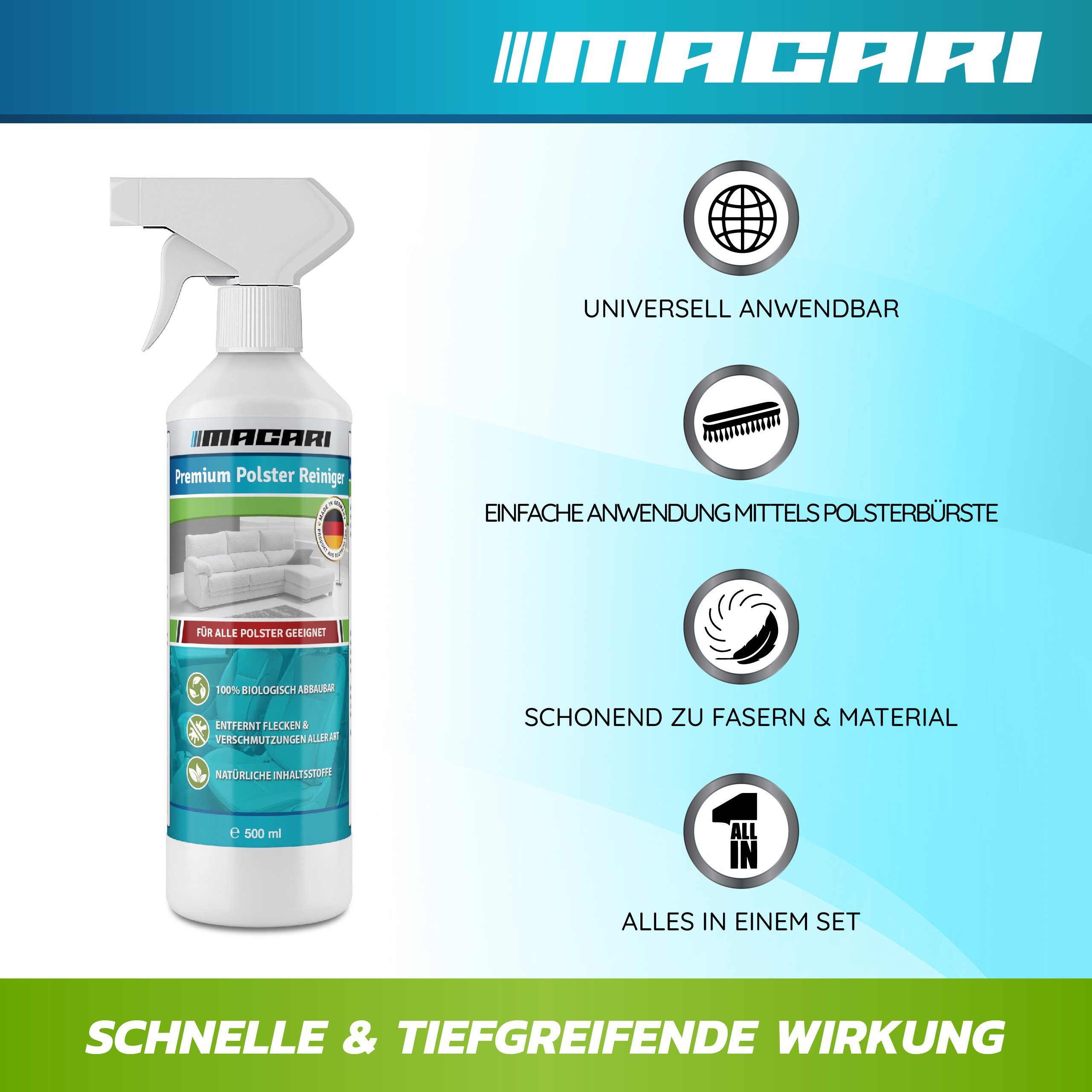 Macari 500 ml Premium Polsterreiniger Sofa & Auto, Couch, Matratzen, Autositz Polsterreiniger (Textilreiniger inkl. Polsterbürste alles in einem Set Made in Germany)
