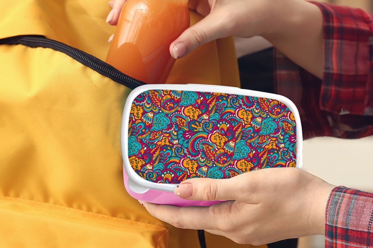 MuchoWow Lunchbox Hippie - - Brotdose Kinder, Snackbox, Erwachsene, für Muster, Flora (2-tlg), Brotbox Mädchen, Kunststoff, rosa Abstrakt Kunststoff 