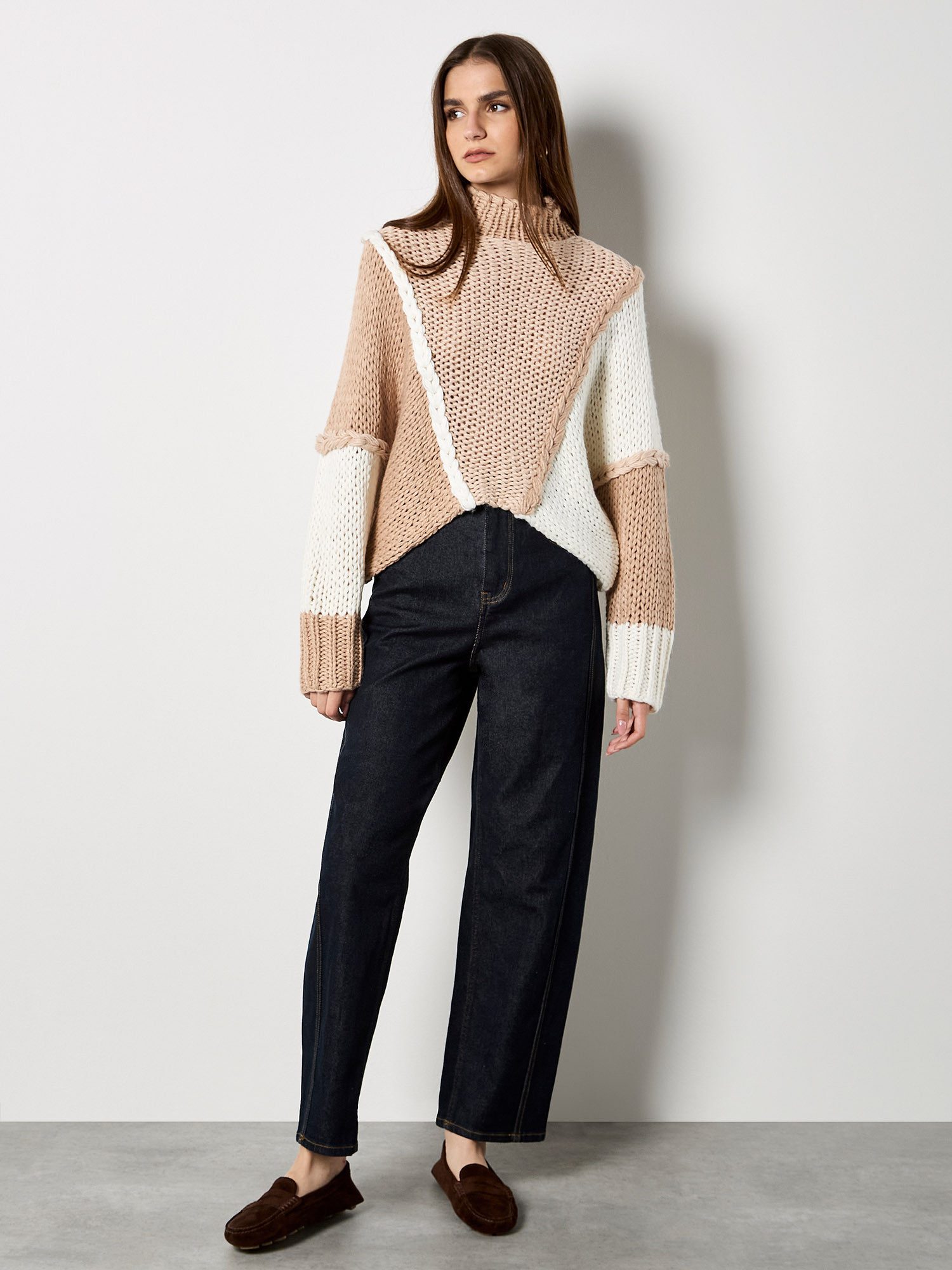 Apricot Strickpullover Grobstrickpullover mit Color-Blocking und Zopfmuster günstig online kaufen