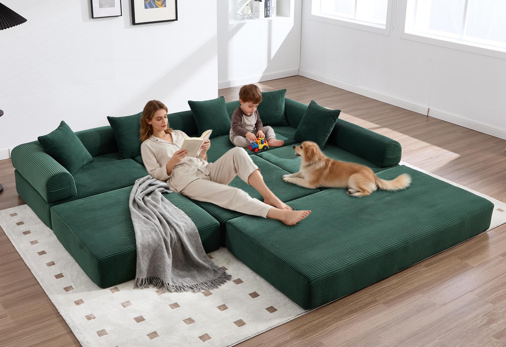 LVHOM Loungesofa Modulsofa mit Schlaffunktion, Seitentaschen, U-/L-Sofa, Fünfsitzer, 2xEinzelsessel + 1xDreisitzer, kombinierbar, Schlafsofa(Jedes Modul entfaltet sich zu separater Schlaffläche), 5 Zierkissen, Cordstoff, reichhaltige Füllung, 300 kg belas