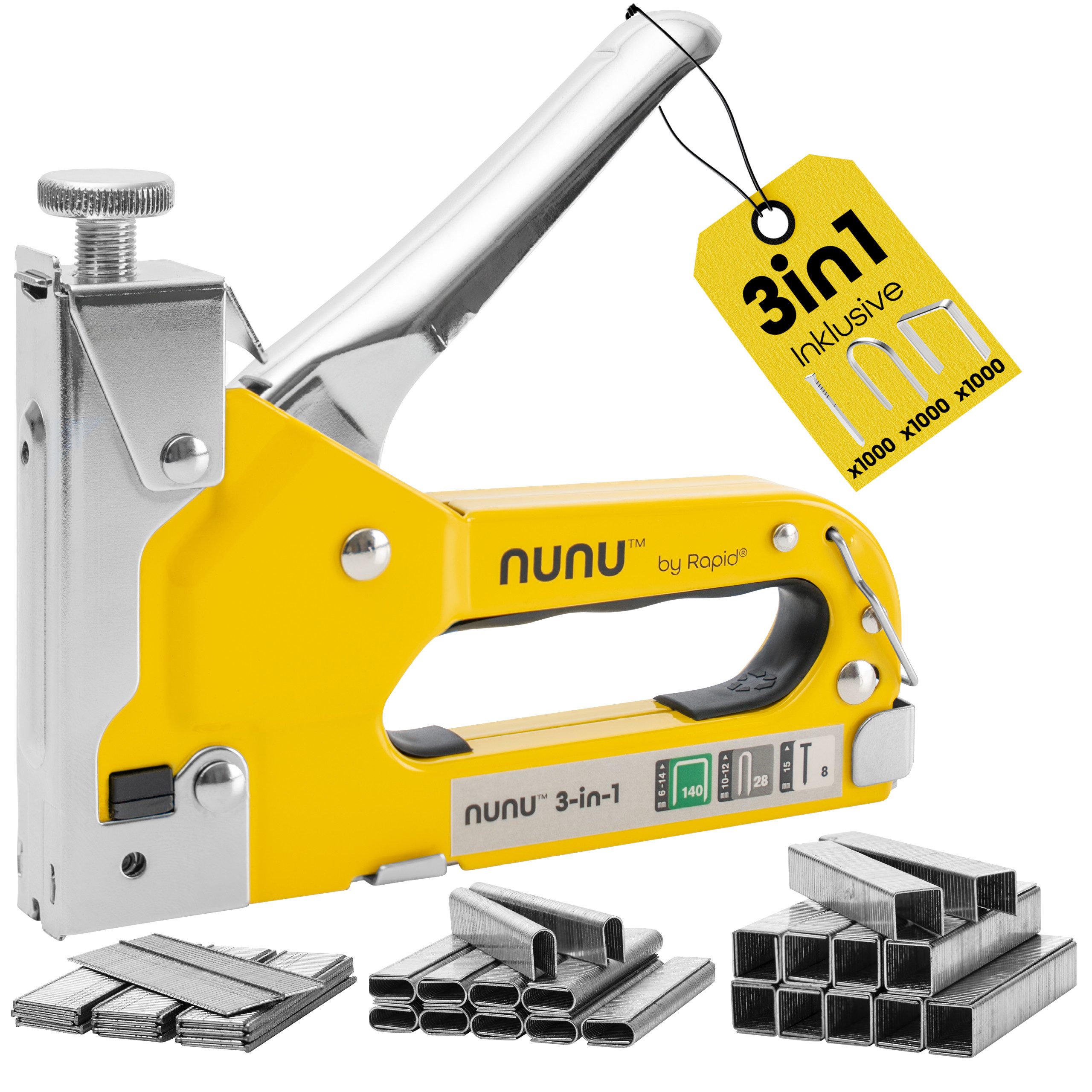 Rapid Handtacker NUNU 3-in-1 Handtacker Tacker Nagler für Typ 140, 28, 8 Set 5001728, 3-in-1 Funktion (Klammern, Kabelklammern, Nägel)