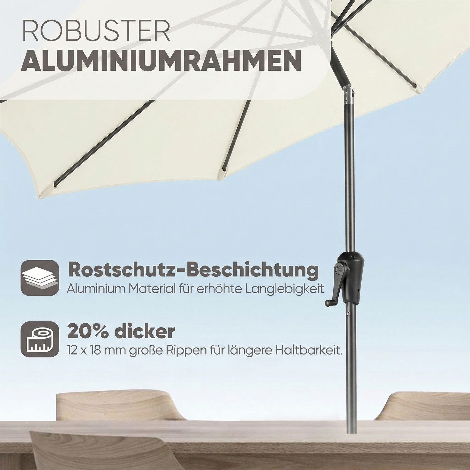 Sekey Sonnenschirm 3m Marktschirm mit Kurbel, Gartenschirm, 8 Streben, Sonnenschutz 50+, LxB: 300,00x300,00 cm, mit/ohne LED-Lichtern, Terrassenschirm Rund