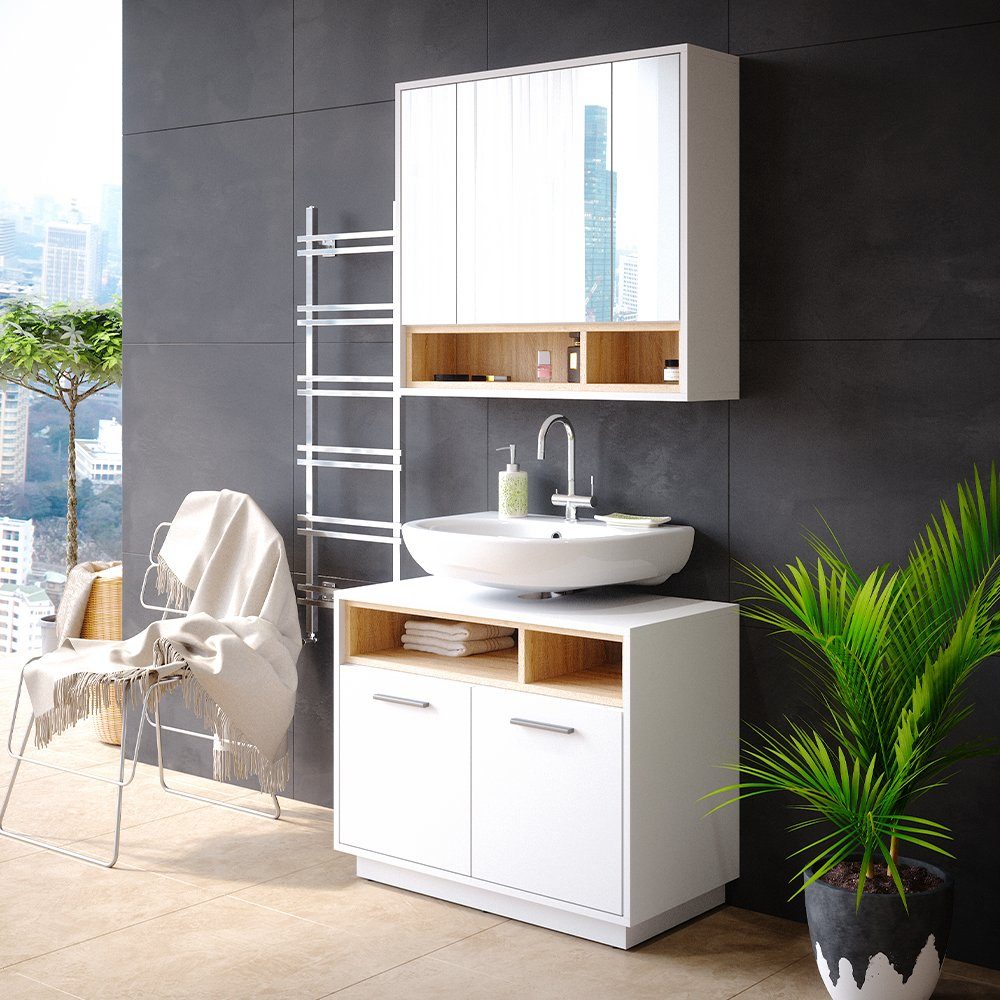 Vicco Badmöbel-Set Beatrice, Weiß/Sonoma, 2 Teile, (3-er Set, 2-St., 2er Set)