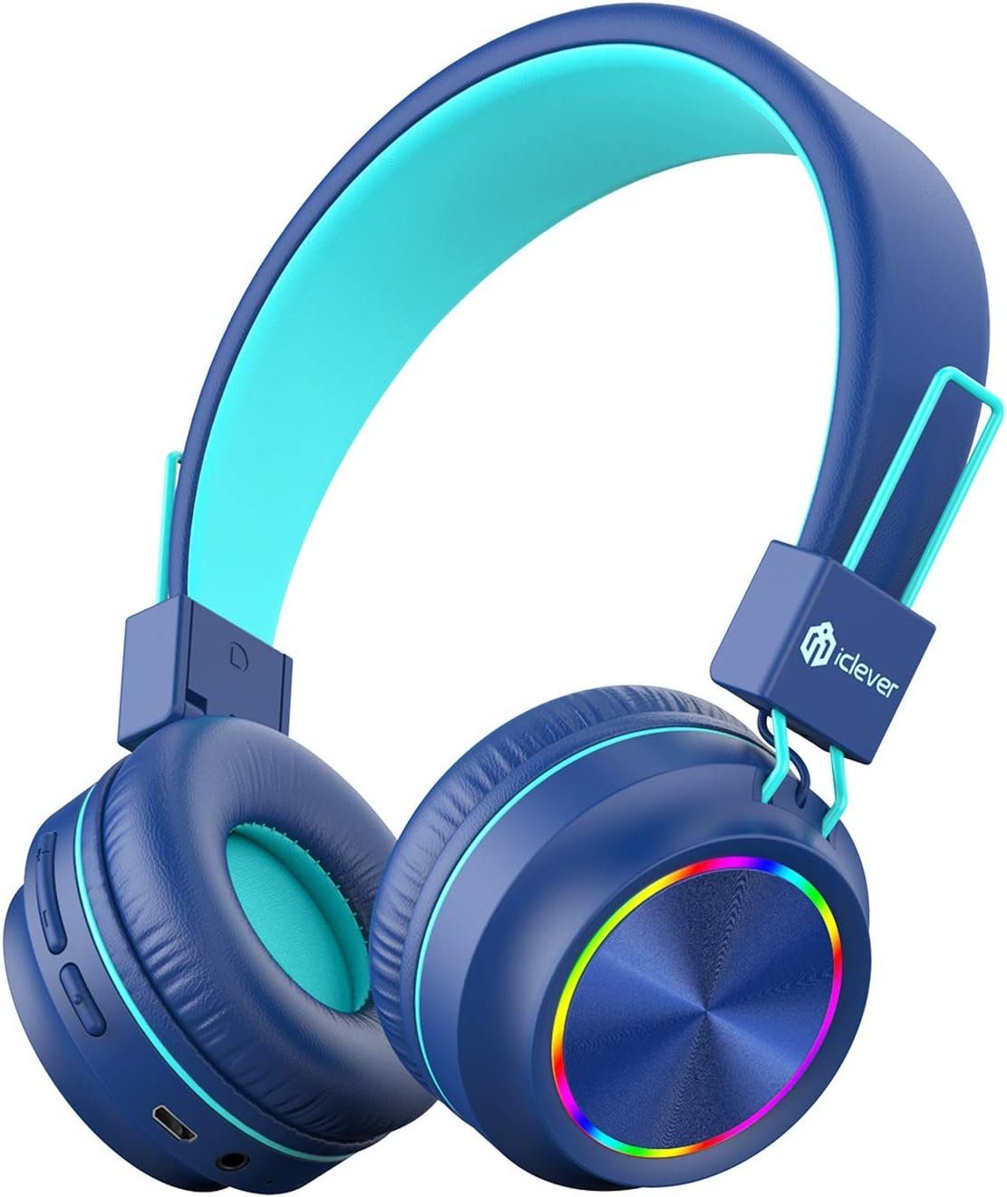 iclever BTH03 Bluetooth Kinder Kopfhörer Blau (Bluetooth, PC, Mikrofon Bunte Kindle, für On-Ear-Kopfhörer Lautstärkebegrenzung) 94dB Eingebautes mit LED Lichter Tablet