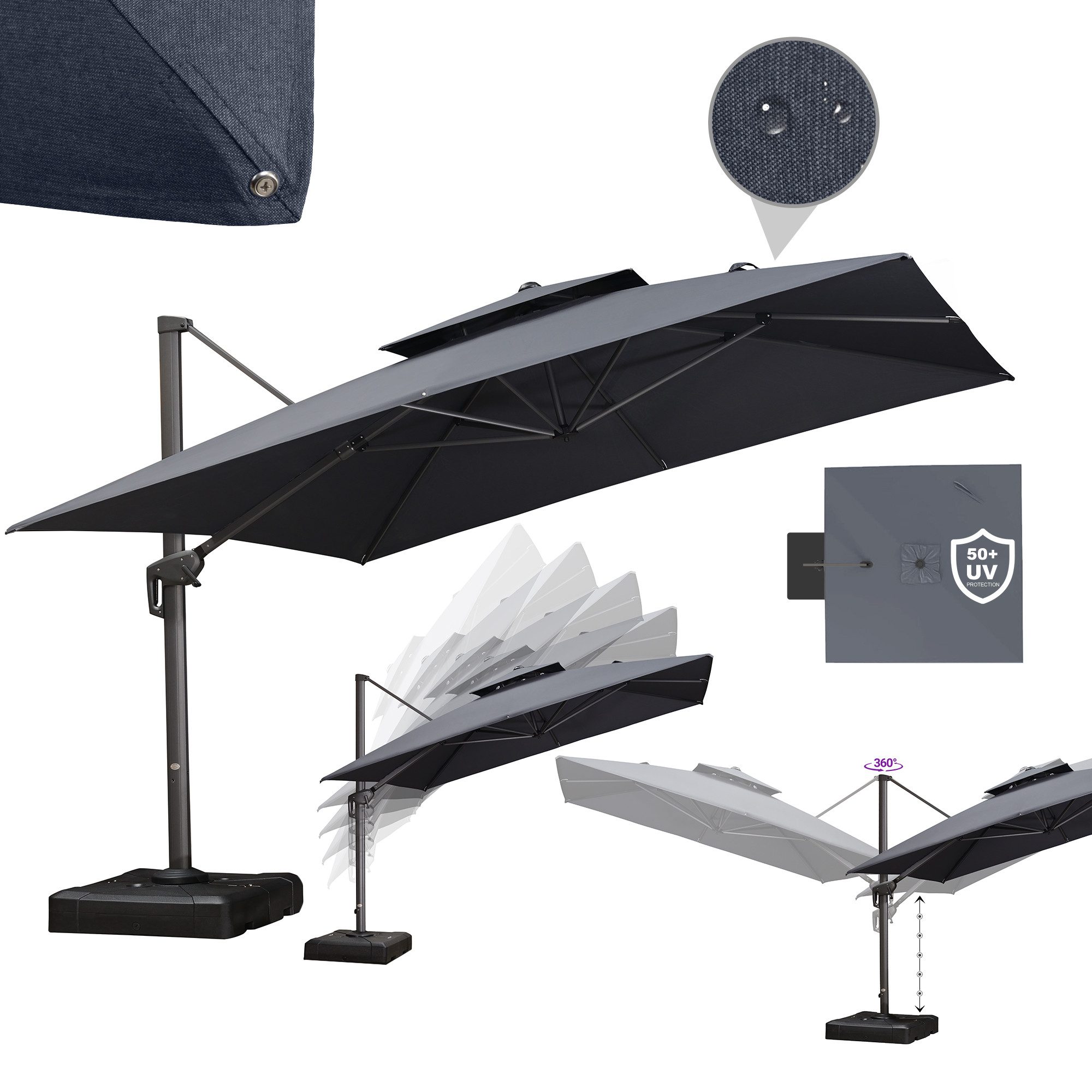 PURPLE LEAF Sonnenschirm Außenbereich Alu Doppeldach Sonnenschirm Ampelschirm, Terrassenschirm, LxB: 300,00x300,00 cm, 360°Rotation, Sonnenschutz UV50+, für Terrasse, Balkon